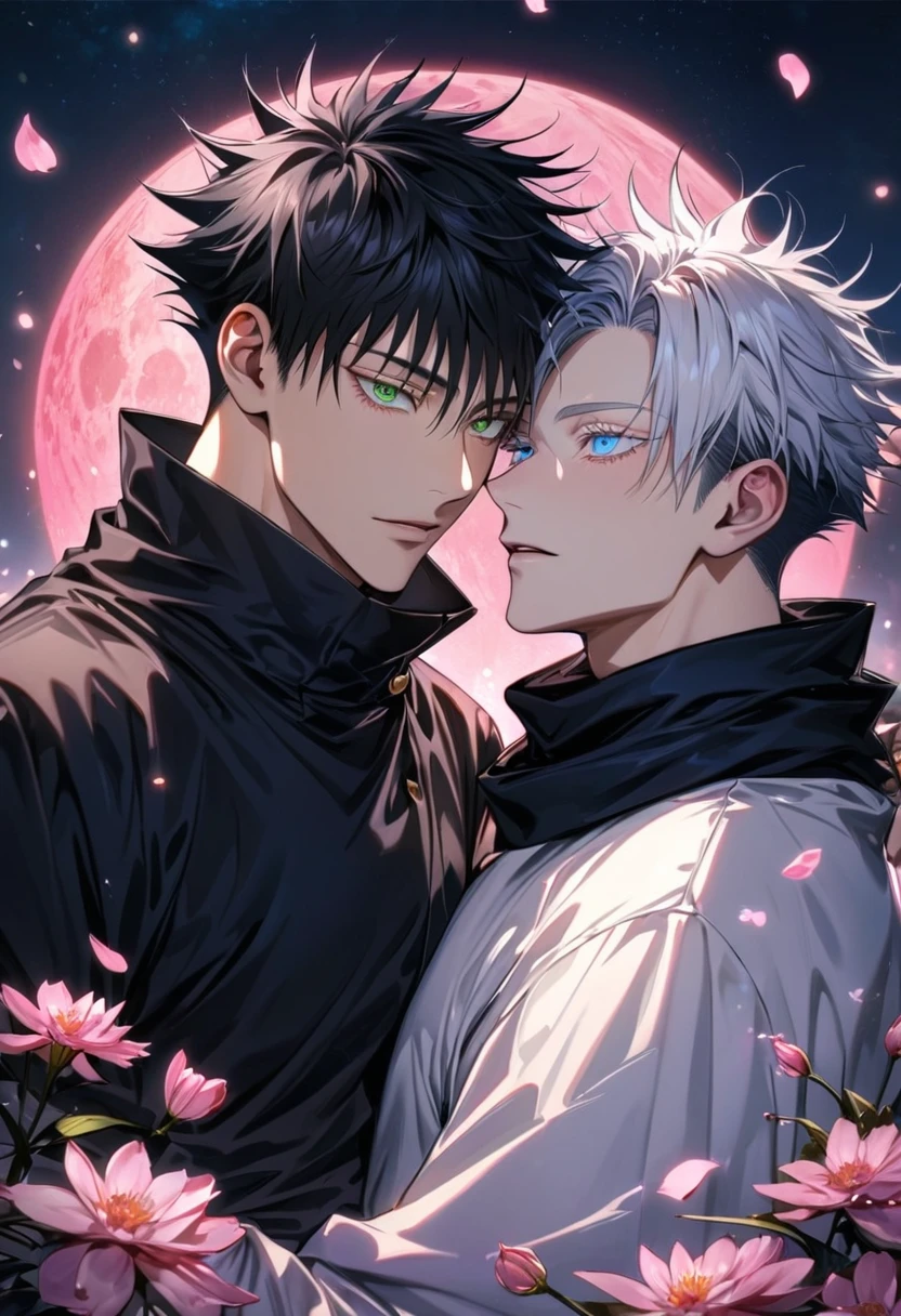 Ultra detailed, highres, absurdres, HDR, Fushiguro Megumi, black hair, green eyes, Gojou Satoru, white hair with bangs, blue eyes, white eyelashes, Jujutsu Kaisen, pink flowers, petals, fireflies, pink moon, 2 sexy men together, gay couple, handsome, very detailed face and eyes, black scarf, white haori, tone chest, love