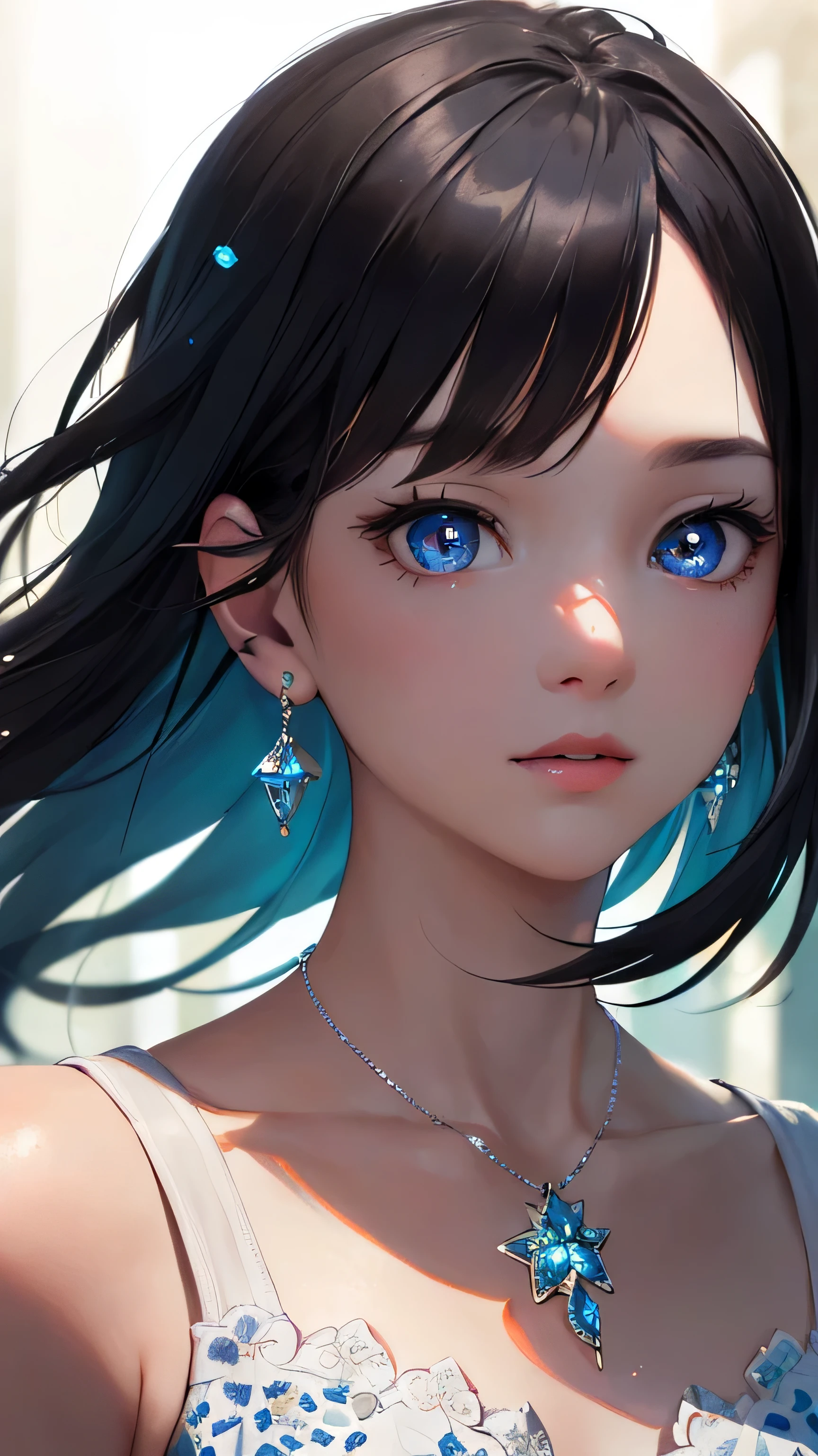 masterpiece, best quality, illustration, sax blue, platinum earrings, platinum necklace, white dress, 1girl, cute, (dynamic lighting:1.2), cinematic lighting, delicate facial features, detailed eyes, sharp pupils, realistic pupils, depth of field, bokeh, sharp focus, (hyper-detailed, bloom, glow:1.4), many small gems.