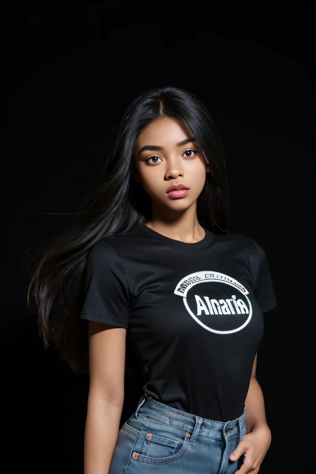 A 20-year-old athletic young woman，Black background scene，Character is African American，Round face, big eyes, long hair, wear a black short-sleeved T-shirt with jeans or the overall picture is bright and real