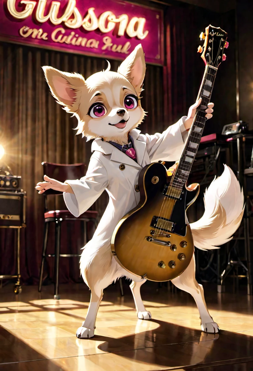 alone ((Long Coat Chihuahua)) and ((Fawn&White body)) )and ((Fluffy tail)) and ((pink nose)), (詳細なFawn&ホワイトのLong Coat Chihuahua), (Detailed lighting), (Attention to detailFawn&White dog fur), (Stand on hind legs),(Holding and playing a Gibson Les Paul guitar in his front paws),break, (Cinema Lighting), ((Candlestick stock chart background)), ((Depth of written boundary)), (Half-body shadow), ((sunlight)), break, ((Complex, Attention to detail, Film Photography, Sharp focus, RAW candid cinema, Realistic, photoRealistic, Analog Style, Scattered beneath the surface, masterpiece, highest quality, ultra Realistic, 8k))