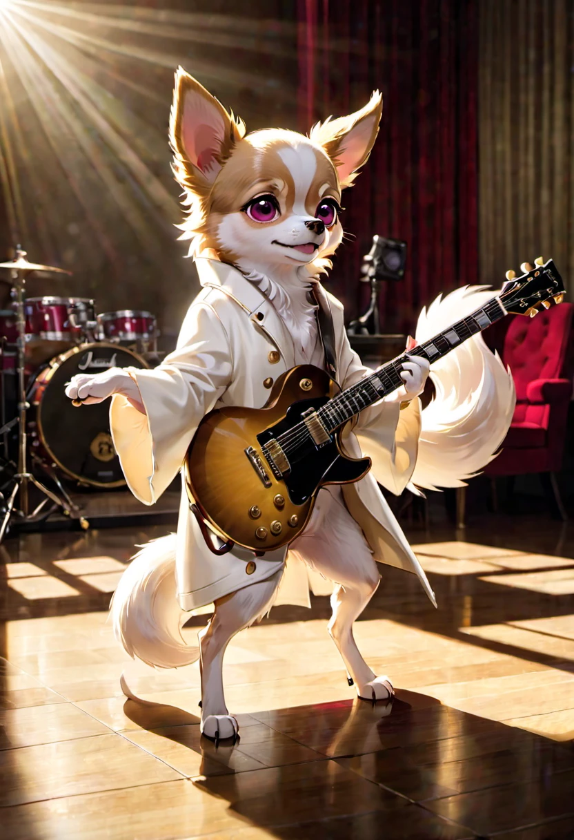 alone ((Long Coat Chihuahua)) and ((Fawn&White body)) )and ((Fluffy tail)) and ((pink nose)), (詳細なFawn&ホワイトのLong Coat Chihuahua), (Detailed lighting), (Attention to detailFawn&White dog fur), (Stand on hind legs),(Holding and playing a Gibson Les Paul guitar in his front paws),break, (Cinema Lighting), ((Candlestick stock chart background)), ((Depth of written boundary)), (Half-body shadow), ((sunlight)), break, ((Complex, Attention to detail, Film Photography, Sharp focus, RAW candid cinema, Realistic, photoRealistic, Analog Style, Scattered beneath the surface, masterpiece, highest quality, ultra Realistic, 8k))