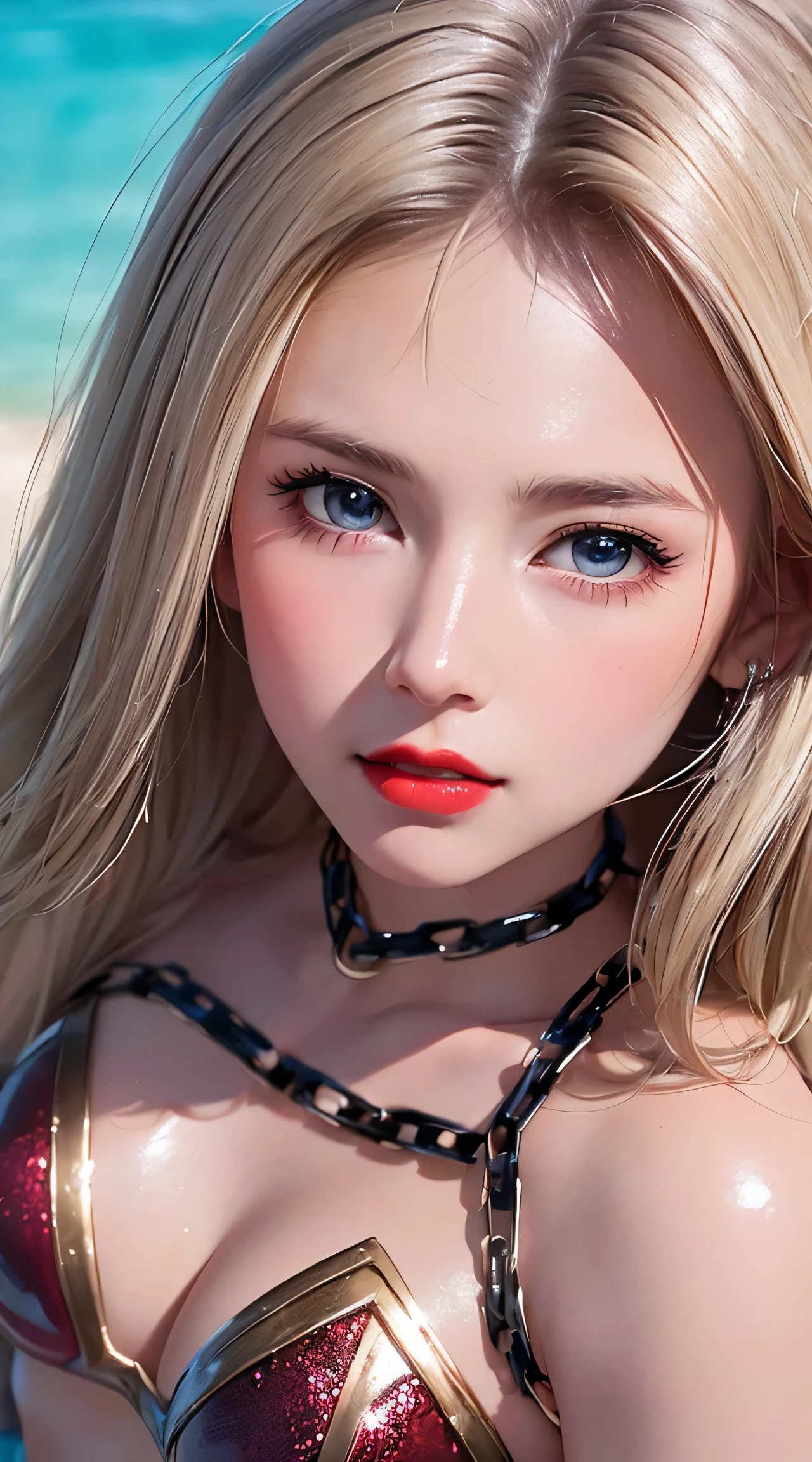 (8K, RAW Photos, of the highest quality, Masterpieces: 1.2), (Realistic, Photorealistic: 1.37),, beautiful (((Japanese cute idle))), ((best quality)), professional lighting, highres, 35 mm lens, f 1/1.4, 18 years old, blonde streaked braid hair, round face, short neck, supergirl, (looking at viewer), (detailed face:1.2), (full body:1.3), (red sparkly plunk lips:1.1), realistic painting, intricate, (realistic eye:0.9), (realistic painting:0.9), beautiful shine blue eyes, (flat chest:0.8), ((small breasts)), smile, embarrassed, strong morning direct light, clean nasal bridge, frozen, soft tits, (sparkly red bikini with loose front opening:1.1), (bound and crucified with mass of chains made of crystal:1.3), armpit, golden bracelets, (many small fine ice crystals:1.1), ribs are faintly visible, bathing, in pool, (shiny skin:1.2), (shiny silky white blonde:1.2), , dark purple eyeshadow, The mouth is visible, Red glowing lipstick, bilaterally symmetrical, open eyes, shoulder armor,
BREAK,
Highest Quality, Ultra High Resolution, light leaks, Dynamic lighting, Slim and smooth skin, (extreme close-up shot:1.3), bright expression, pink, kawaii, cute, young and shiny white shiny skin, Best Looks, Gold reflects light, Platinum blonde hair, Shine brightly, Shiny light hair, (medium hair:1.2), hair tied around her shoulders, silky straight hair, Beautiful bangs that shine, Big blue eyes sparkling, shiny red lips, Like crystal clear, mesmerising, Very nice and lovely 18 year old girl, Lush bust, underboob, Hair is through strong light, (extremely super Erotic:1.25), (Bare chest:1.2), (Small breasts:1.2), Under the breasts, narrow waist, narrow shoulders, gazing at viewer, shiny red bikini, (shiny red knee-high boots:1.4), well-formed, Big smile, very oily skin, hand is thumb and four fingers, outdoors, long eyelashes, round face, wonderwoman, (licking shot from below:1.3)