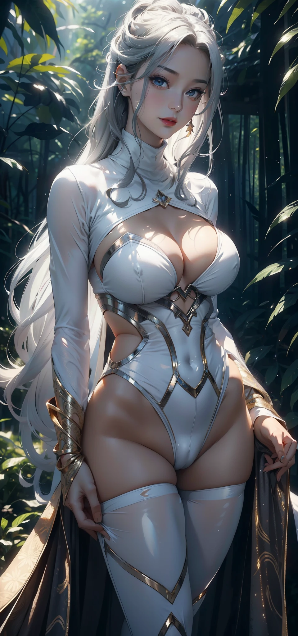 1 female，45 years old，Married woman，milf，Large Breasts，Long legs，Big breasts and thin waist， 照片曝Light， solitary，（background：In the woods，Rainforest，In the summer，Strong wind） She has long silver-white hair，Extra long hair，Long hair flying，Straight hair and red lips，stand up，Front view， OK， Gloomy sky，（（（masterpiece），（Highly detailed CG Unity 8k wallpaper），最OK质量，Light，详细background，beautiful eyes，（Very delicate and beautiful），（Beautiful and detailed description of the eyes），Ultra Detailed，masterpiece，）），face camera，high resolution，Ultra Detailed），Exposing breasts，Exposing genitals， Convex，Camel toe，Sexy bulge，Fairy Queen（wear：Gold transparent turtleneck，White tight gel coat，Sci-fi style）