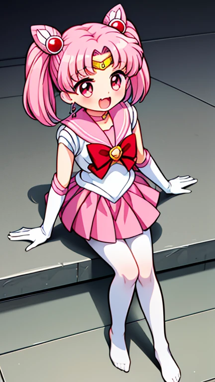 Sailor Moon,young年,Seven years old,cute,(Little Loli),Pink hair twintails,short hair,Sailor Suit,Red bow,White elbow gloves,Red Skirt,No shoes,Open your mouth,laughing out loud,Fangs,(White pantyhose),soles of feet,Soles,(young),(little man),sit