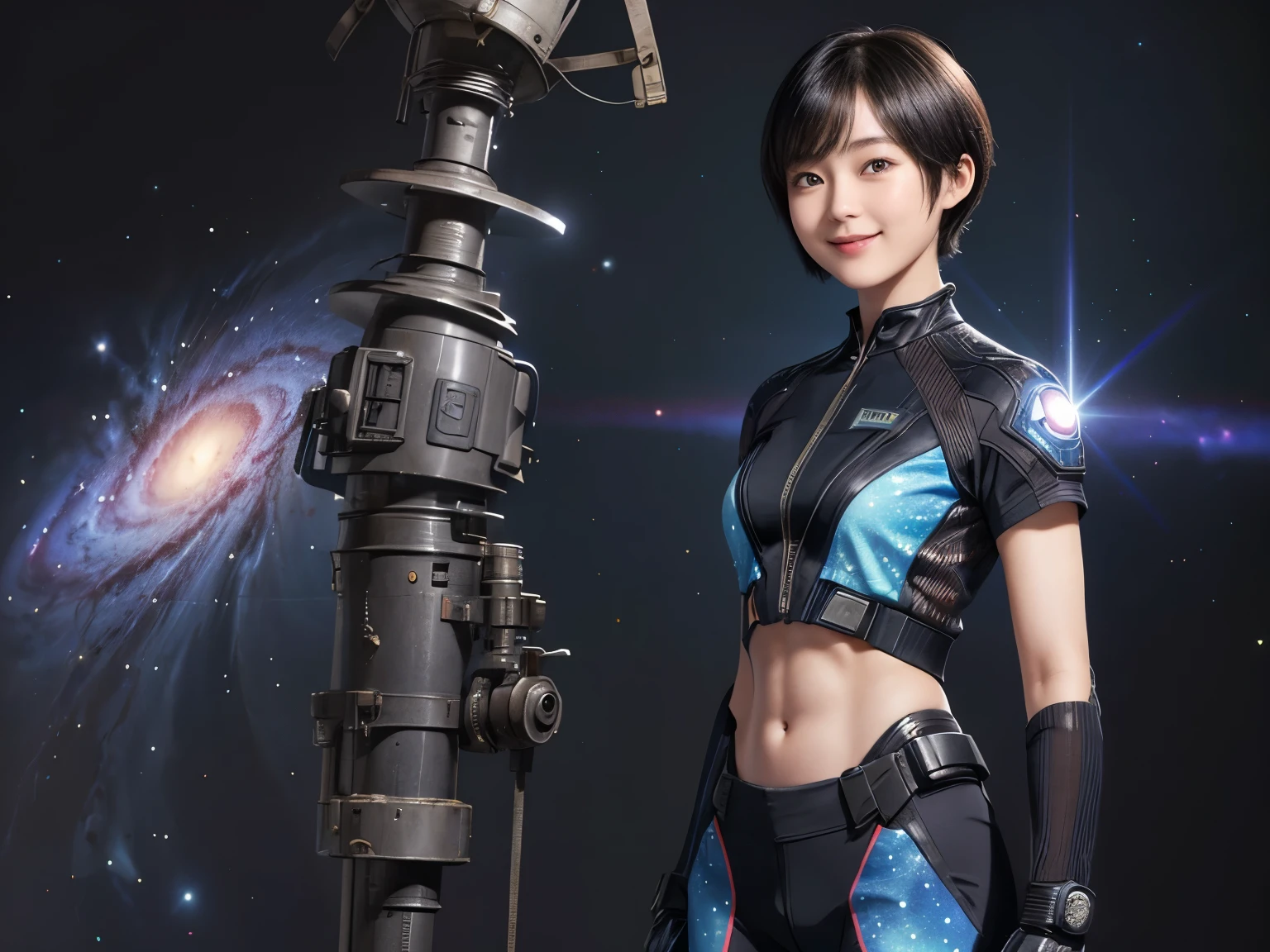 214 Short Hair, 20-year-old woman, A kind smile, Floral, Futuristic clothing, machinery suit, ((Clothes that show abs、Clothes with short sleeves)), (The background is a galaxy and nebula)