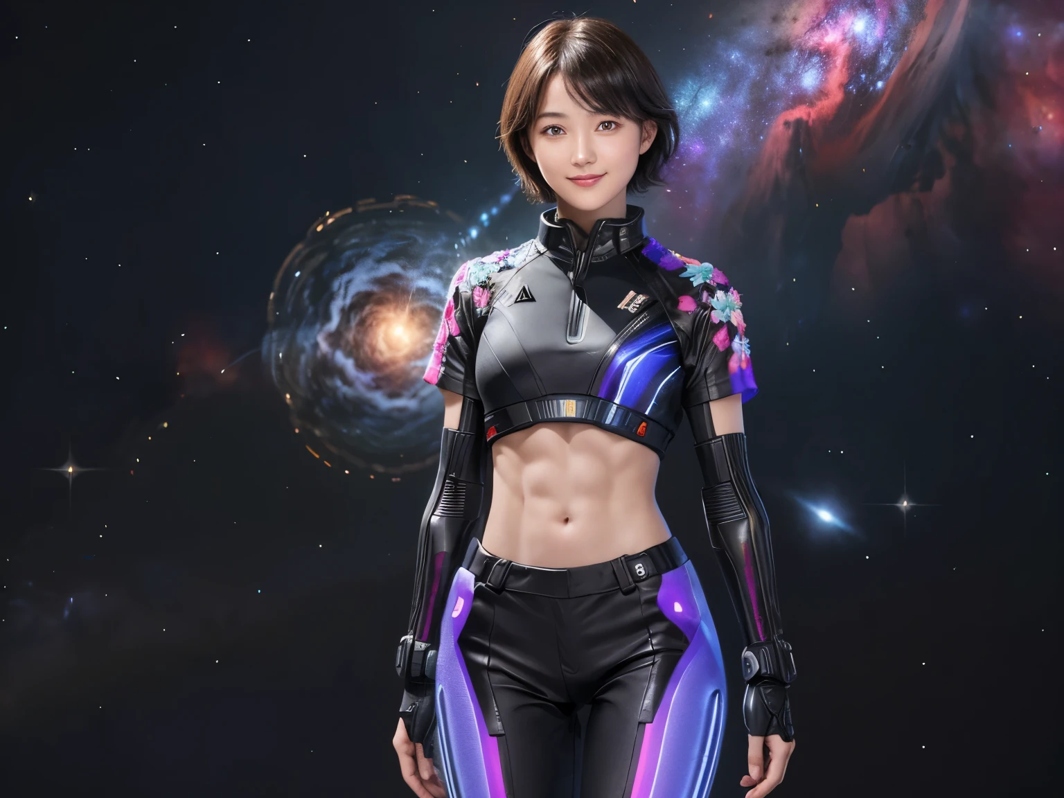214 Short Hair, 20-year-old woman, A kind smile, Floral, Futuristic clothing, machinery suit, ((Clothes that show abs、Clothes with short sleeves)), (The background is a galaxy and nebula)