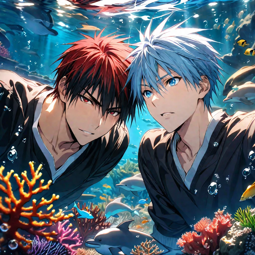 absurdres, highres, ultra detailed, HDR, masterpiece, extremely detailed face and eyes, Kagami Taiga, red short hair, expressive red eyes, Kuroko No Basket, Kuroko Tetsuya, light-blue hair, expressive blue eyes, 2men together, gay couple, handsome, underwater, bubbles, coral, fish, dolphin