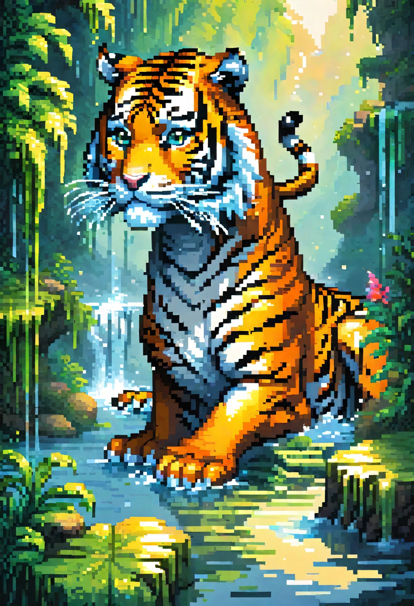 (​masterpiece, top-quality, Official art:1.2)Look at view, tiger and girl, Tiger painting, A flash of light runs, Colorful water levitation(2D:1.5),pixel art, 
