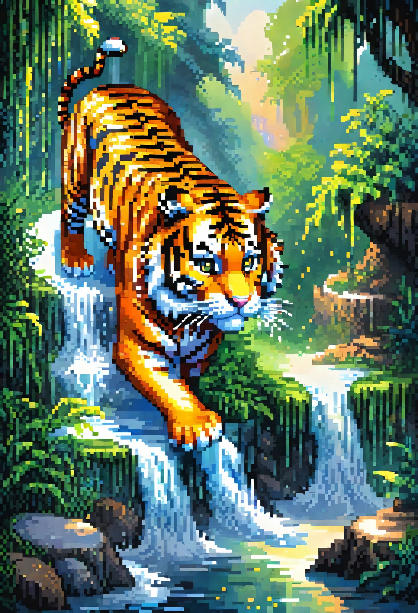 (masterpiece, top-quality, Official art:1.2)Look at view, tiger and girl, Tiger painting, A flash of light runs, Colorful water levitation(2D:1.5),pixel art,