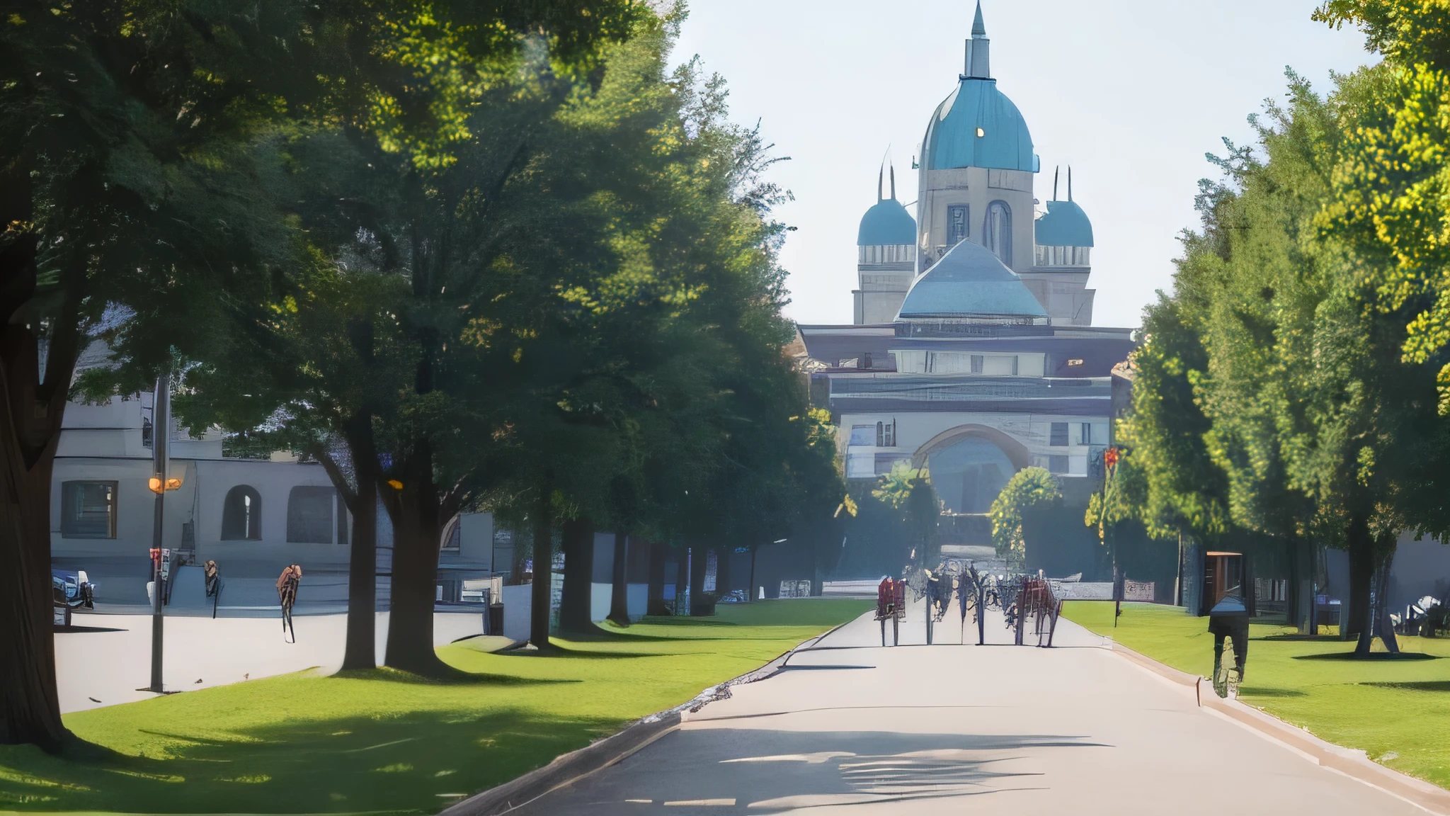 The photo shows a square，The university gate can be seen in the distance，It&#39;s the day of school，There are many students and parents in the square