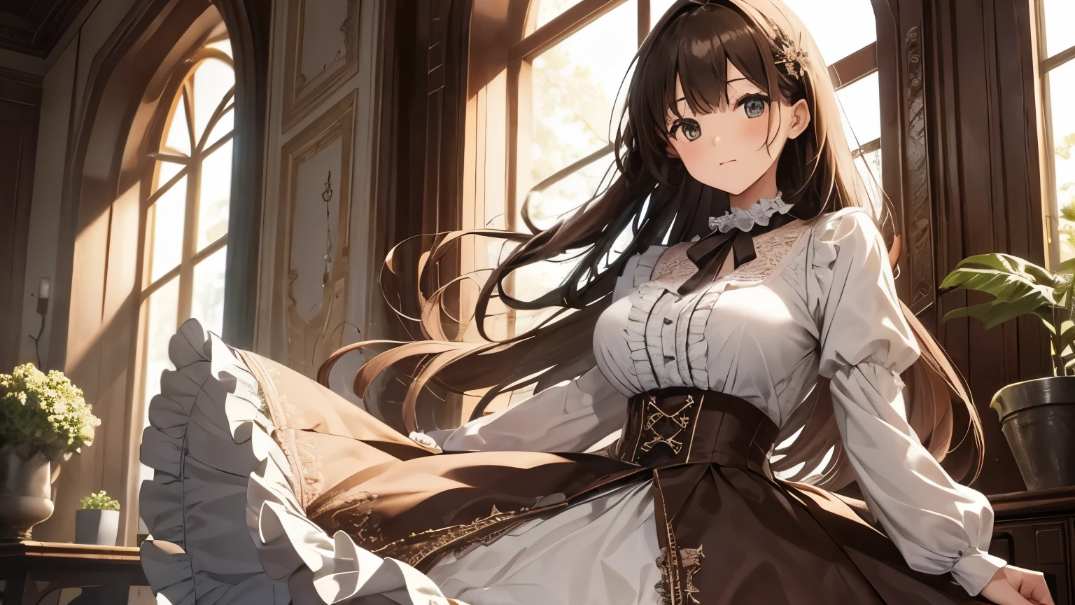 A blouse with lots of ruffles and lace A skirt with lots of ruffles and lace Panniers Beauty Brown long hair Upper Body Big Breasts