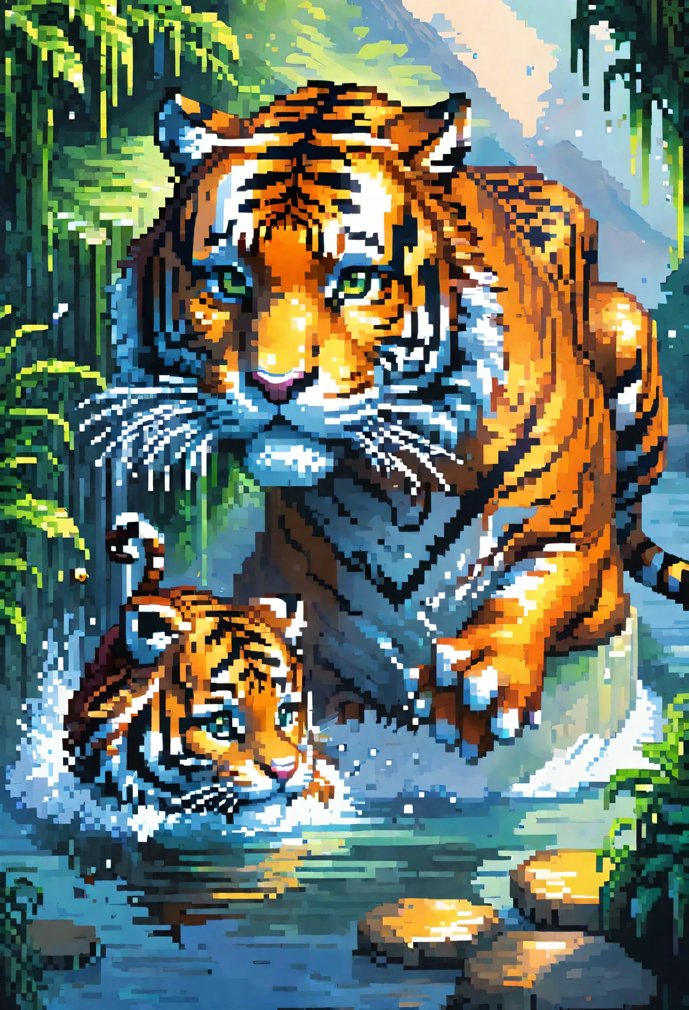 (​masterpiece, top-quality, Official art:1.2)Look at view, tiger and girl, Tiger painting, A flash of light runs, Colorful water levitation(2D:1.5),pixel art, 