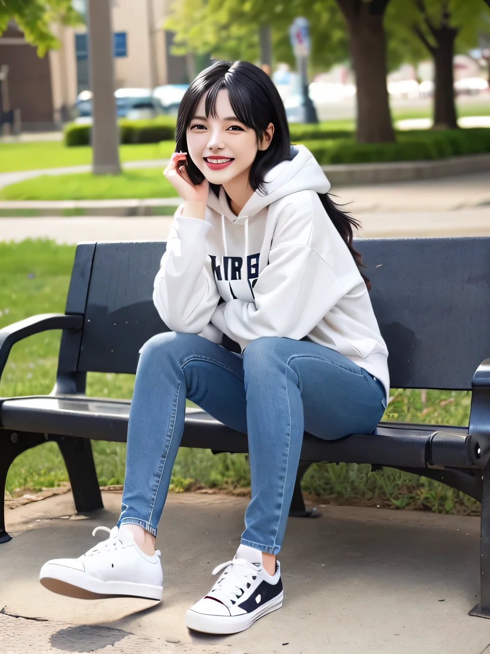 highest quality)), ((masterpiece)), (Get used to it), Perfect Face、((highest quality)), A neat and beautiful woman sitting on a park bench、hoodie、Skinny jeans、sneakers、Black Hair、smile、smile showing teeth、Full body photo、Ear Piercing Information