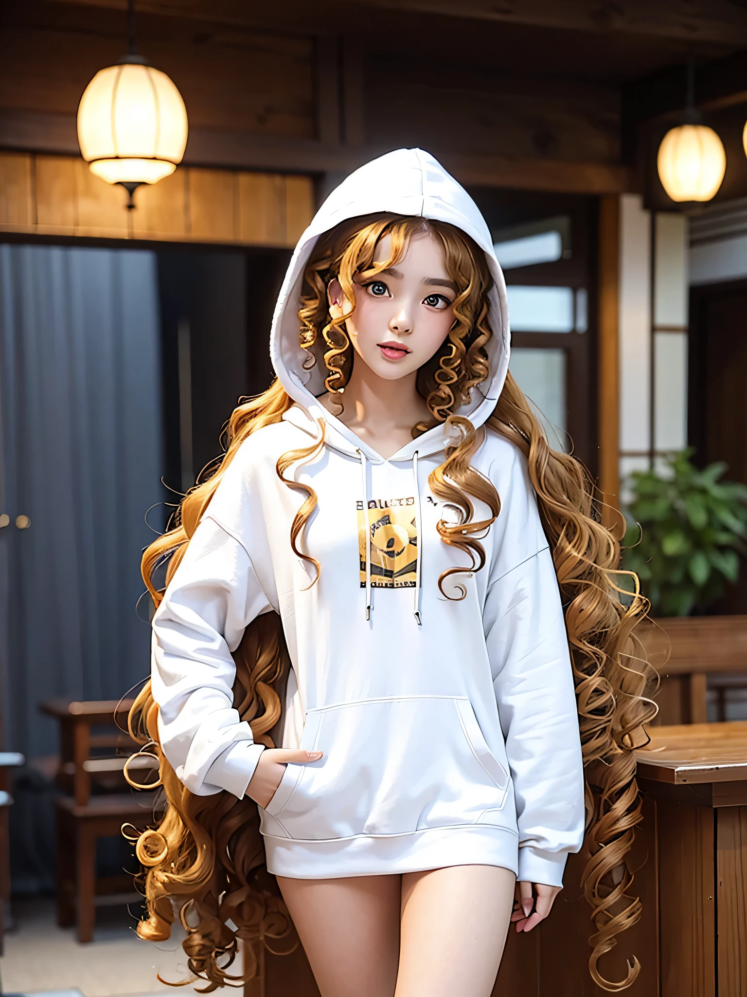 (masterpiece, Practical, high resolution), (1 girl): 1.2), Japanese, ((golden curly hair): 1.3), (Heterochromic Eyes: 1.1, thick eyebrows,), (white hoodie, cleveage，Chest): 1.2, Small waist, thigh), catwalk，Sexy