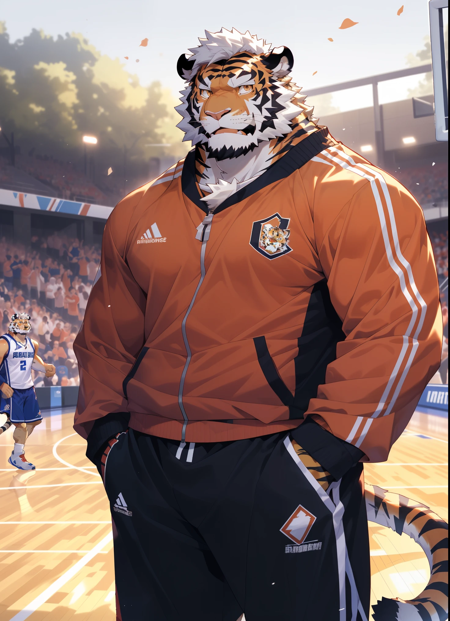 hairy,(tiger,red track suit),beard,Golden fur,White short hair,male,Brown eyes,Common,full-body shot,Basketball on the basketball court,Detailed background,极其lifelike阴影,masterpiece,Very detailed,lifelike
