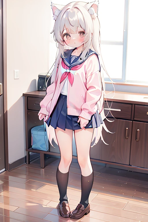 full body,baisixuegao,wolf ears, school uniform, blushed,embarressed