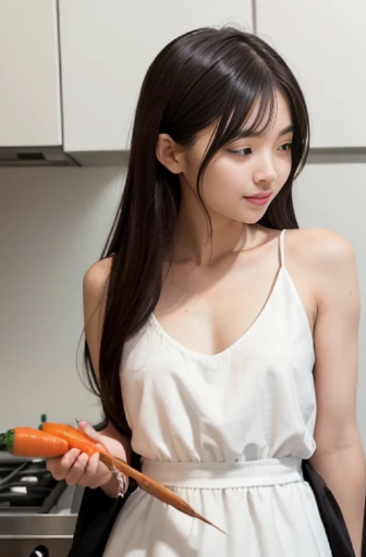best quality, detailed, beautiful, insanely detailed, absurdres,perfect anatomy, Japanese woman,black hair,27 years old, (slender), (small breasts), food photo, happy, laughing, long hair tied back, refreshing white dress, knife, standing in the kitchen,(Scene of cutting carrots with a knife:1.1),calm atmosphere, intense closeup shot, side view