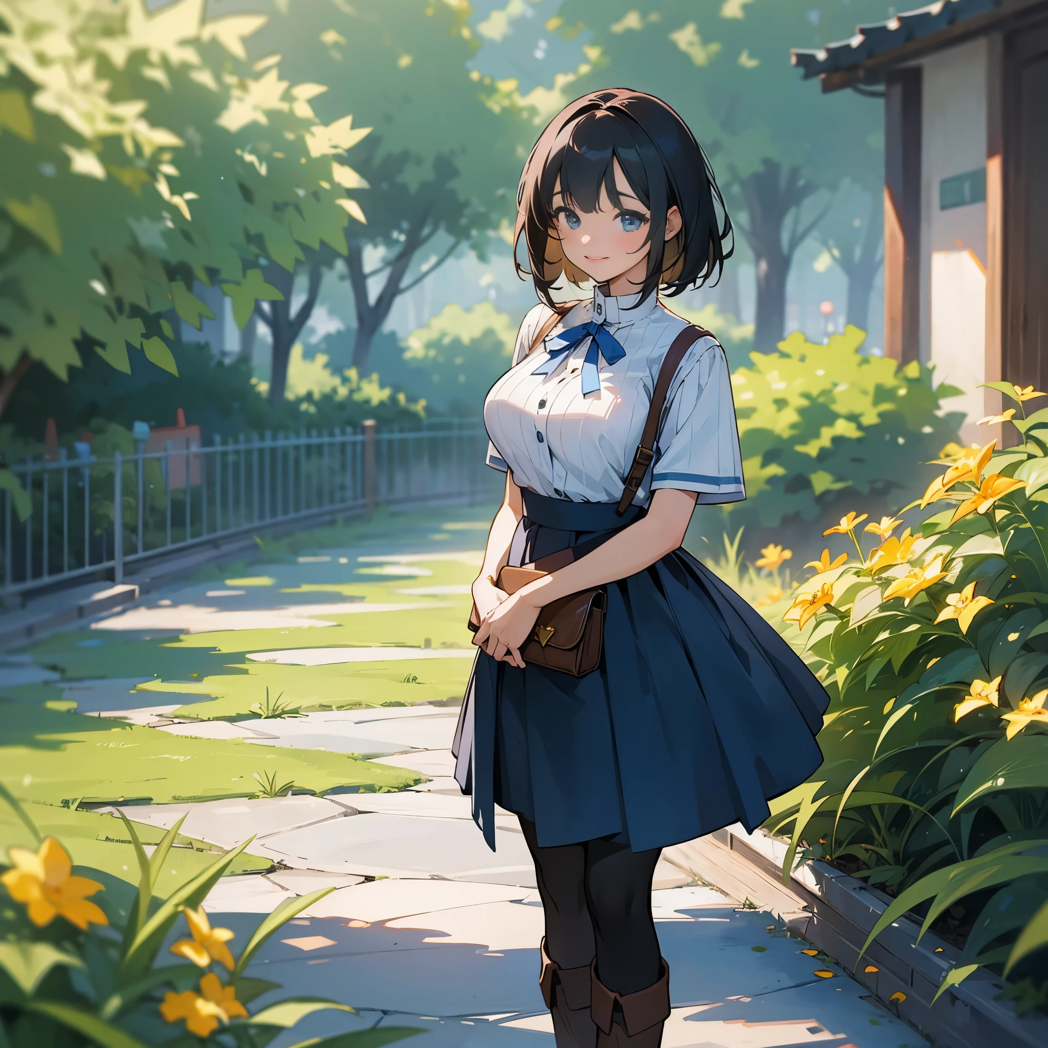(high quality, High resolution, Very detailed, reality:1.37), Peaceful atmosphere, (Outdoor, garden), girl standing alone, (my breasts are big.), Beautiful detail features, Cute Smile, (Black bob hair), Short sleeve ribbed sweater, Blue Skirt, black tights, Brown boots.