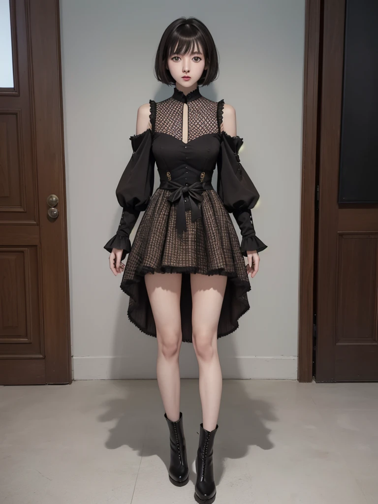 chara-sheet,Standing in front of the viewer、vtuber-fullbody、masterpiece、Very detailed、Surreal、Watercolor and ink painting、high waist、Brown and dark brown houndstooth A-line dress、Dark piping、Puff sleeves、Super detailed、super beautiful、white straight short hair、Knee-high boots、Young woman dancing wearing、lean muscular body、Perfect Eyes Eyes