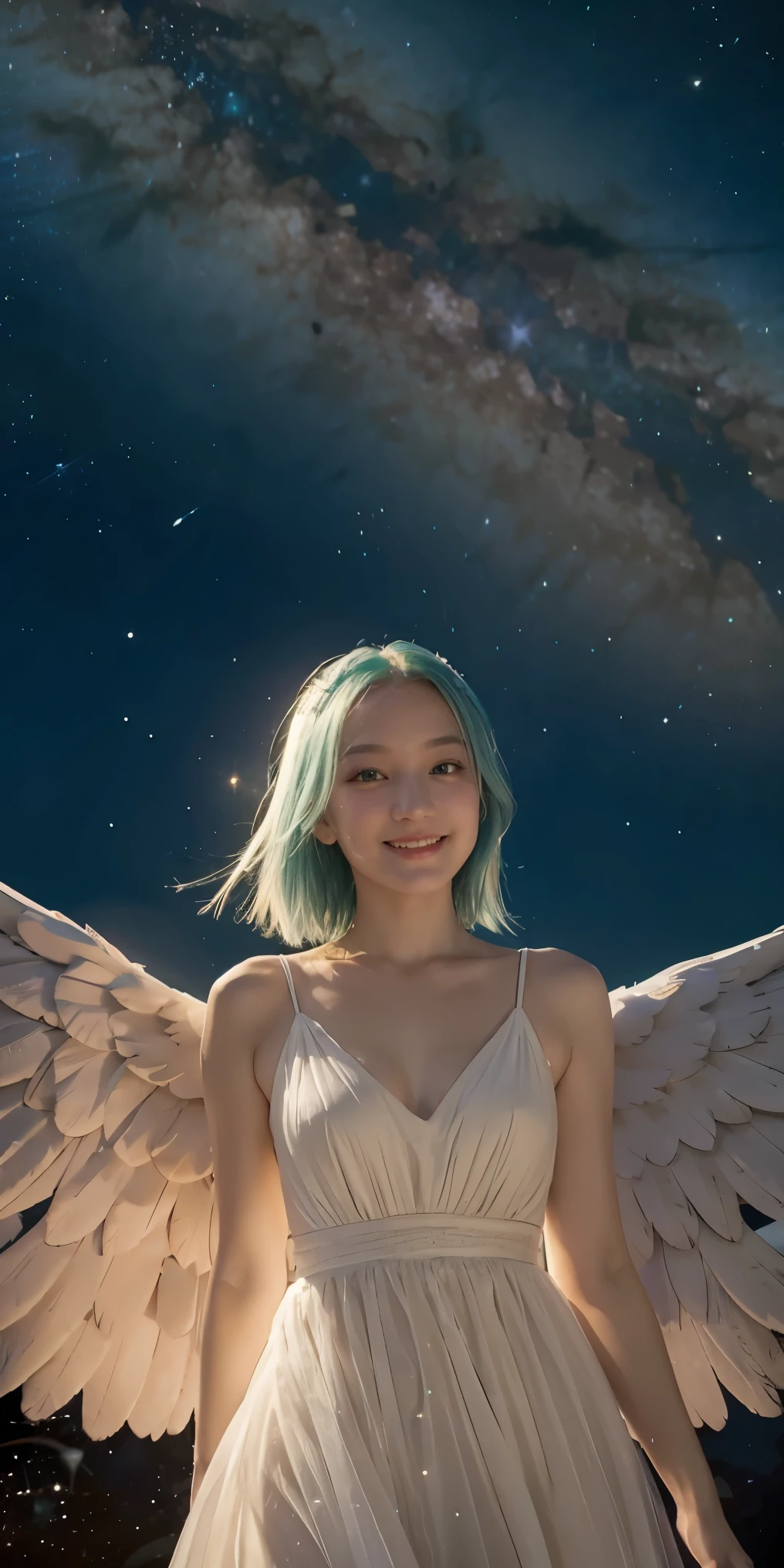 a woman, teal hair, red eyes, smile, angel wings, golden halo, white dress, standing upright, in outer space, Milky Way in the background, stars in the distance, upper body