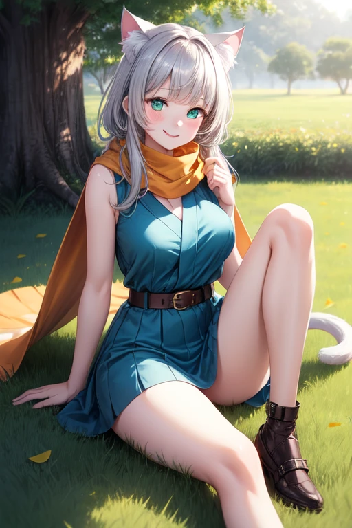 1 girl, neko girl, full body, , white skin, gray cat ears, no human ears, smiley face, happy, blushing, smiling, BLUE dress, belt, brown ninja shoes, long WHITE scarf, sitting on the grass, Under a tree, Shadow, high quality, Beautiful face, big green eyes, Green cat eyes, elongated pupils, 2-color hair, gray hair with orange details, bangs, pointed bangs, waist-length hair, tail horse, medium breasts, 2 seductive legs, tall, cat tail, gray, green landscape background, field, Sunny, sun rays, looking at me, anime