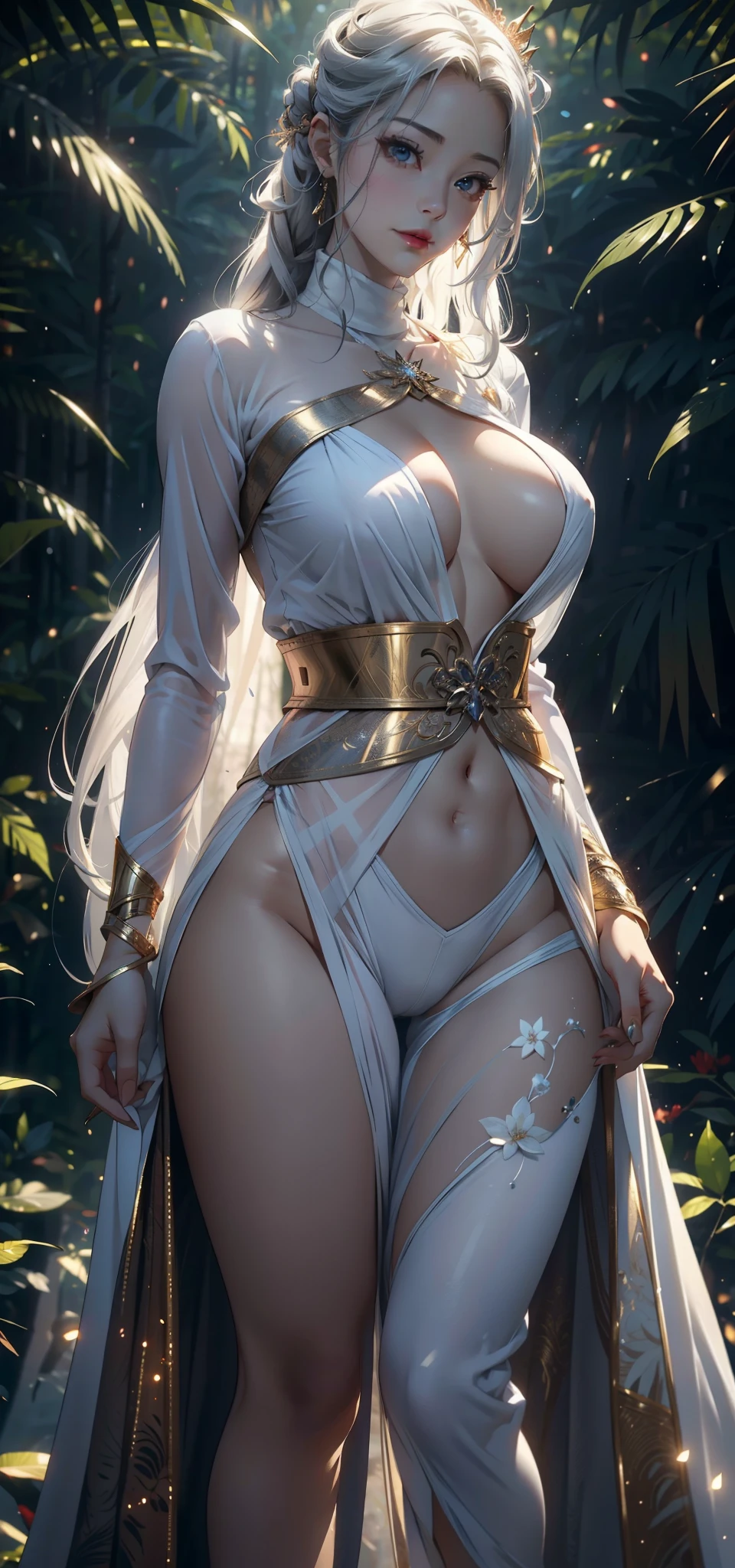 1 female,45 years old,Married woman,milf,Large Breasts,Long legs,Big breasts and thin waist, 照片曝Light, solitary,(background:In the woods,Rainforest,In the summer,Strong wind) She has long silver-white hair,Extra long hair,Long hair flying,Straight hair and red lips,stand up,Front view, OK, Gloomy sky,(((masterpiece),(Highly detailed CG Unity 8k wallpaper),最OK质量,Light,详细background,beautiful eyes,(Very delicate and beautiful),(Beautiful and detailed description of the eyes),Ultra Detailed,masterpiece,)),face camera,high resolution,Ultra Detailed),Exposing breasts,Exposing genitals, Convex,Camel toe,Sexy bulge,Fairy Queen(wear:Gold transparent turtleneck,White robe,Sci-fi style,Jewel Crown)