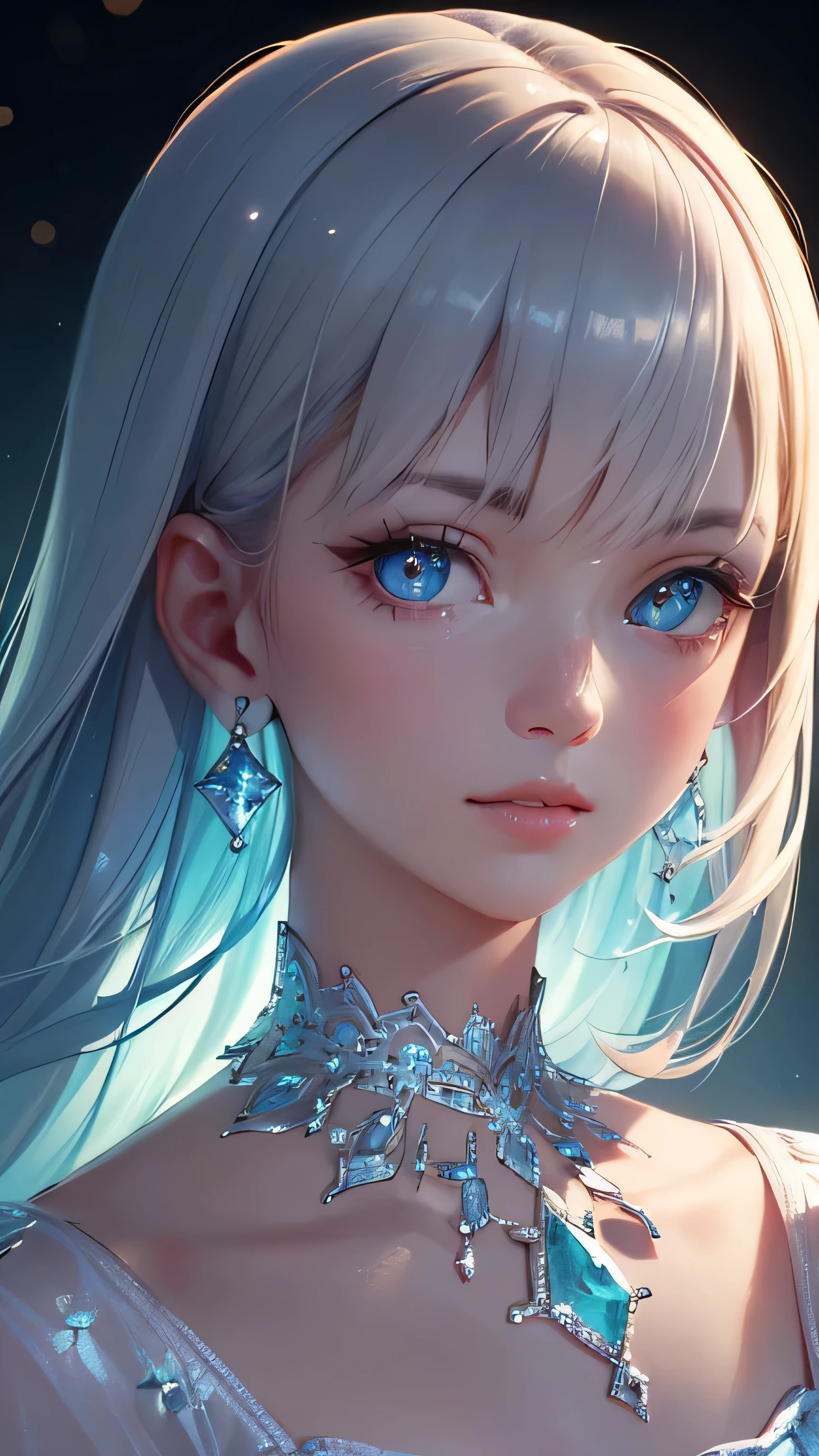 masterpiece, best quality, illustration, sax blue, platinum earrings, platinum necklace, white dress, 1girl, cute, (dynamic lighting:1.2), cinematic lighting, delicate facial features, detailed eyes, sharp pupils, realistic pupils, depth of field, bokeh, sharp focus, (hyper-detailed, bloom, glow:1.4), many small gems.