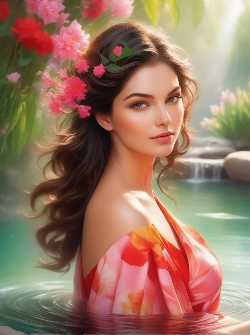 Detailed description of the visual element，The color palette is a mix of soft pastels and vibrant spring colors like green.，pink color，This combination evokes blooming flowers and fresh foliage.，Perfect for spring theme，High-quality images integrated into salon interiors，Peaceful environment，Girl standing on the water，Water splashes on the floor of the girl，Some stones have flowers on them，exudes fragrance，Includes before and after photos of customers who received spring makeovers，To highlight the salon&#39;s services，Use elegant script fonts for titles to convey elegance，And use a modern sans serif font for body text，To ensure readability and modernity， Dark Brown Curly Hair，Wearing a bright red salwar suit，focus，Close Range，Watch，Close your eyes，Surround her with spring graphics，For example, flowers and butterflies，Symbolizes the changing seasons and the essence