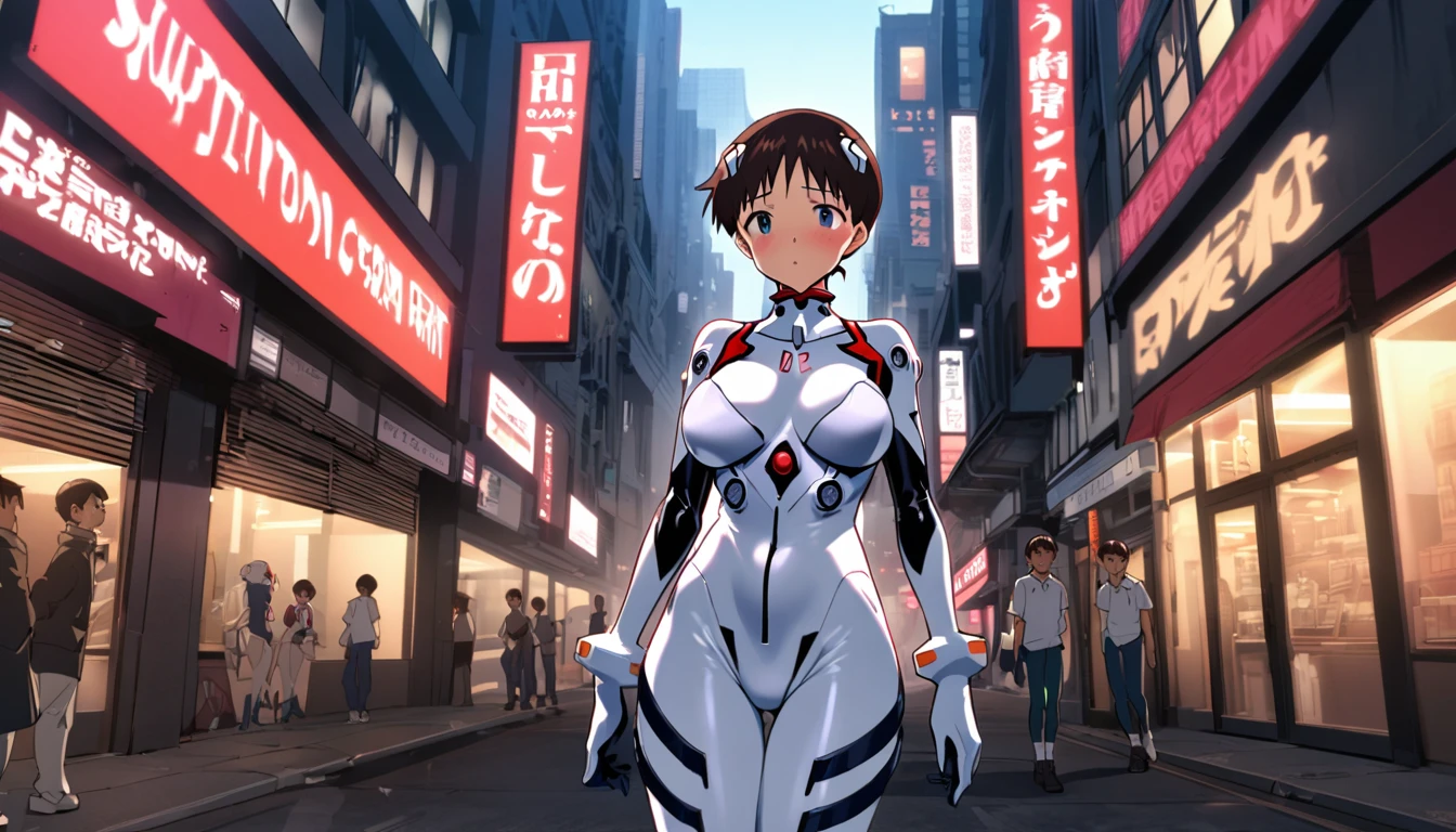Evangelion plugsuit, male focus, ikari shinji, pilot suit super big breasts breast enlargement blushing standing alone in sci-fi city full-body shot
