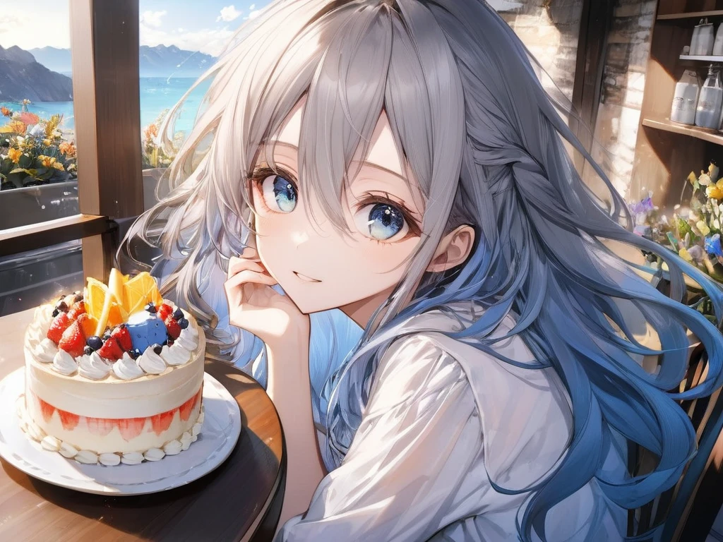 (looking away:1.2),(masterpiece:1.2), (best quality),(ultra detailed),(extremely detailed),(absolutely resolution) ,absurdres,8k, 1girl-drinking-fruits-juice, cafe, sitting-on-the-chair, grin, cake, mountain, blue-coral-sea,  flowers-pods, windy, 
BREAK, (detailed beautiful eyes:2.0), long hair, messy hair, (gradation hair:1.2),