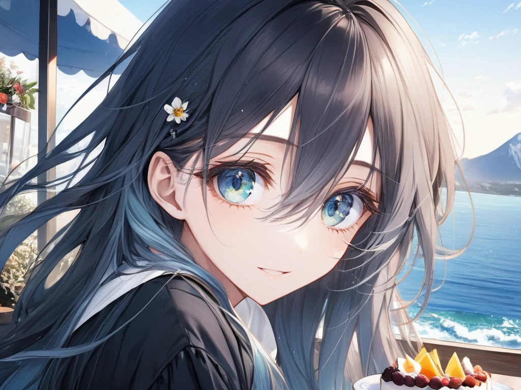 (looking away:1.2),(masterpiece:1.2), (best quality),(ultra detailed),(extremely detailed),(absolutely resolution) ,absurdres,8k, 1girl-drinking-fruits-juice, cafe, sitting-on-the-chair, grin, cake, mountain, blue-coral-sea, flowers-pods, windy,
BREAK, (detailed beautiful eyes:2.0), long hair, messy hair, (gradation hair:1.2),