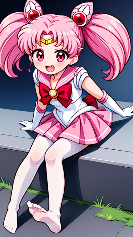 Sailor Moon，young年，Seven years old，cute，（Little Loli），Pink hair twintails，short hair，Sailor Suit，Red bow，White elbow gloves，Red Skirt，No shoes，Open your mouth，laughing out loud，Fangs，(White pantyhose),soles of feet，Soles，(young)，(little man)，sit