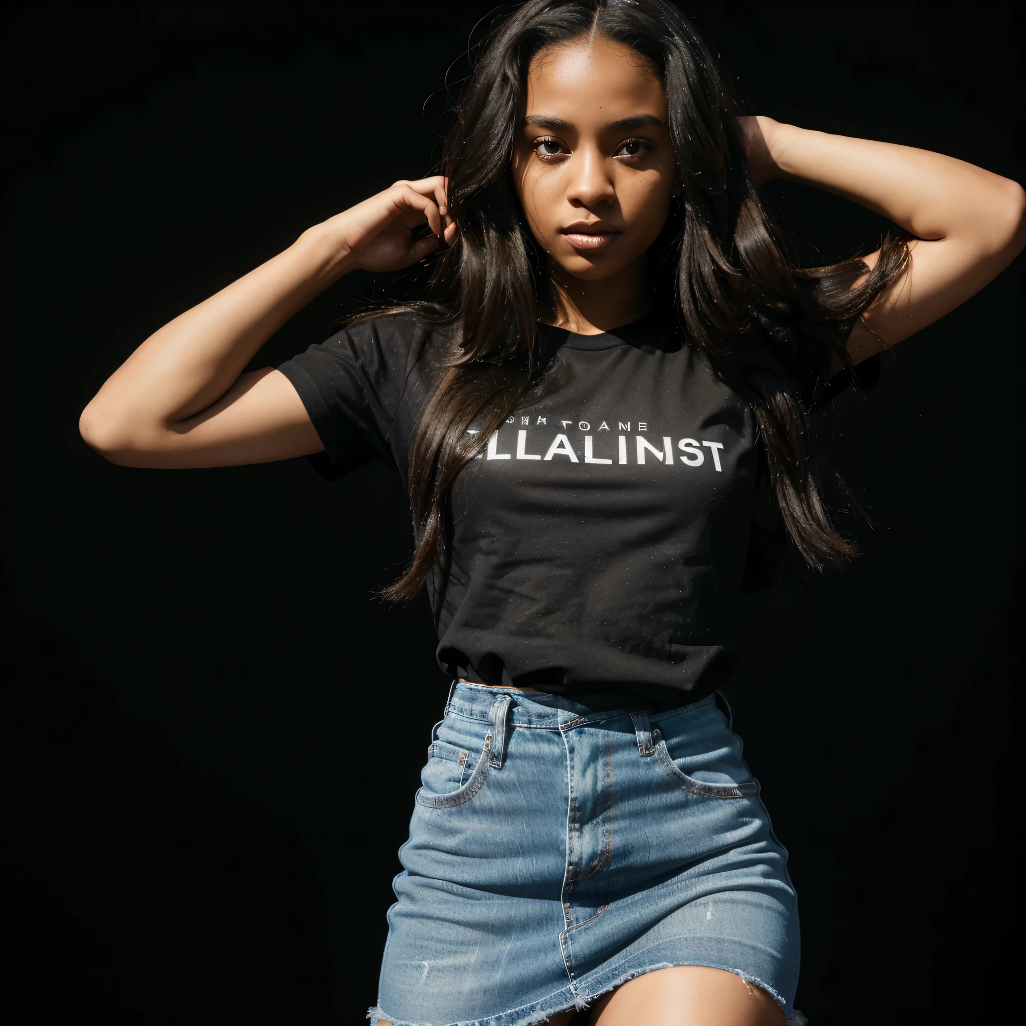 A 20-year-old athletic young woman,Black background scene,Character is African American,Round face, big eyes, long hair, wearing a black short-sleeved T-shirt with a denim skirt. The overall picture is bright and real.