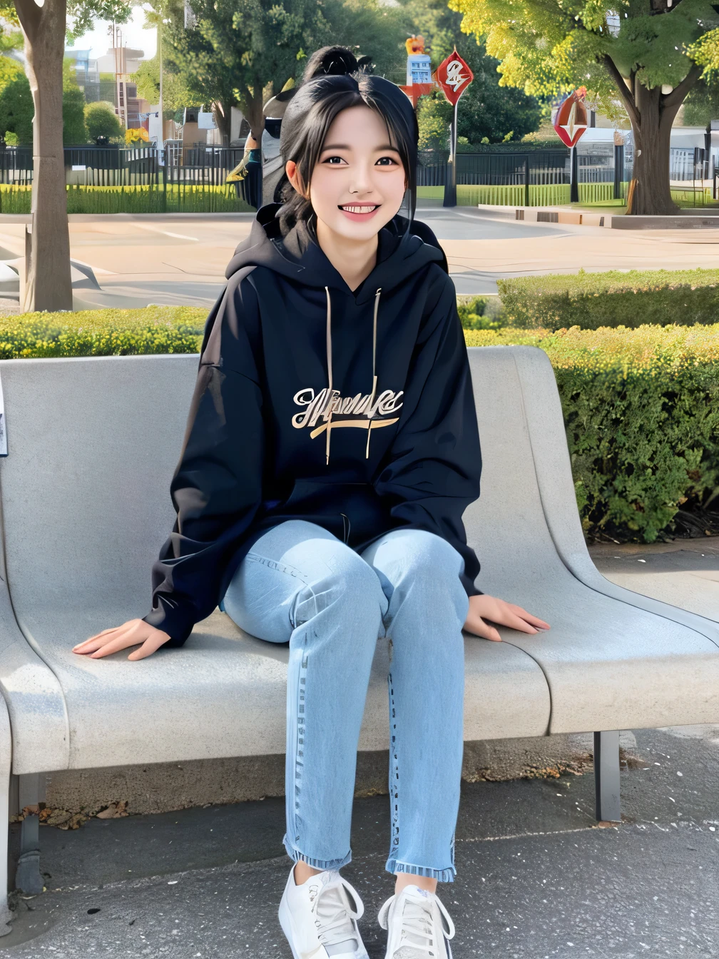 highest quality)), ((masterpiece)), (Get used to it), Perfect Face、((highest quality)), A neat and beautiful woman sitting on a park bench、hoodie、Skinny jeans、sneakers、Black Hair、smile、smile showing teeth、Full body photo、Ear Piercing Information