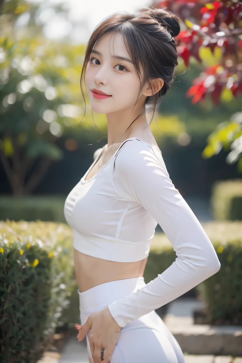 masterpiece, Best quality, Ultra-high resolution, High detail photos, Unity 8K Wallpaper, Extremely detailed CG:1.2), Depth of Field, Bokeh, (original photo:1.Realistic Photography:1.4), (1 Girl:1.5), young, Chinese Girl, whole body照, Physically based representation, fair, (Exquisite facial details:1.4, Detailed clothing, Tie your hair into a bun), (detailed:1.4) named (Hidemi Fukada:1.1) rest Cara hermosa, Depth of Field, Add layer, hyper-realistic, , Perfect body model, Perfect breasts, Height 165 cm, Strike sexy poses, whole body, whole body, Dancer body type, rest (White tight cropped top, Black leggings:1.3), (long hair:1.2), doble parpado rest garden, Smile, (From below:1.5), Stick your butt out, Turbulent posture, Nipple protrusion, Nipple protrusion, Nipple protrusion, Small seam recessed, , , Running Water, Running Water, Take off your pants的动作, Take off your pants