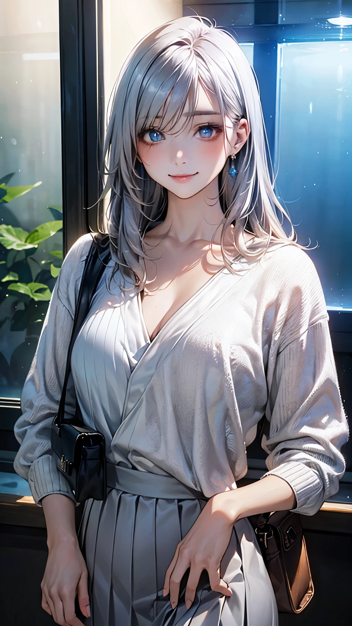 (masterpiece:1.2, top-quality), (realistic, photorealistic:1.4), beautiful illustration, (natural side lighting, movie lighting), nsfw, 
looking at viewer, 1 girl, university student, perfect face, cute and symmetrical face, shiny skin, 
(long hair:1.2, straight hair:1.5, sideburns:1.8, silver hair), asymmetrical bangs, blue eyes, drooping eyes:1.5, big eyes:1.5, long eye lasher, (medium breasts, thin thighs), slender, 
beautiful detailed hair, beautiful detailed face, beautiful detailed eyes, beautiful clavicle, beautiful body, beautiful chest, beautiful thigh, beautiful legs, beautiful fingers, 
(light pink hooded lounge shirt), 
(beautiful scenery), night, (hotel bedroom, window), sitting, (lovely smile, upper eyes, parted lips), 