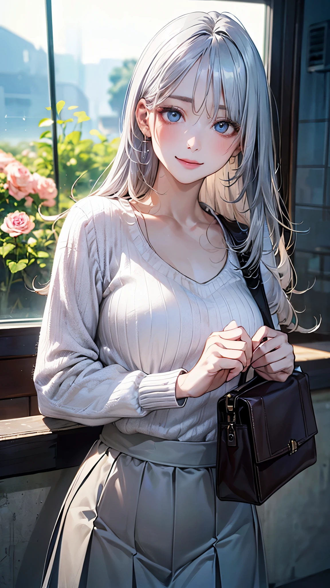 (masterpiece:1.2, top-quality), (realistic, photorealistic:1.4), beautiful illustration, (natural side lighting, movie lighting), ,
looking at viewer, (face focus, upper body), cowboy shot, 1 girl, japanese, high school girl, perfect face, babyface, (perfect anatomy:1.4), cute and symmetrical face, white skin, shiny skin,
(long hair:1.2, straight hair:1.2, silver hair), bangs, blue eyes, big eyes, long eye lasher, (large breasts), slender,
beautiful hair, beautiful face, beautiful detailed eyes, beautiful clavicle, beautiful body, beautiful chest, beautiful thigh, beautiful legs, beautiful hands,
(detailed cloth texture, (pastel colors), parl-white sweater, rose-grey long skirt, black shoulder bag),
(beautiful scenery), winter, evening, (aquaria, inside a large fish tank filled with colorful sea creatures), walking, (lovely smile, upper eyes),