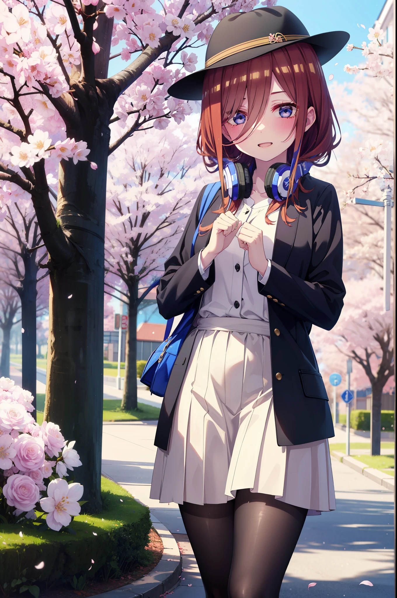 Miku Nakano, Miku Nakano, Long Hair, bangs, blue eyes, brown hair, shirt, Hair between the eyes, smile,blush,Open your mouth,Headphones around neck,オーバサイズチェック柄shirt,Shorts,Black pantyhose,Hunting Hat,short boots,Cherry blossoms are blooming,Cherry blossoms are scattered,Cherry blossom tree-lined path,whole bodyがイラストに入るように,
break outdoors, garden,
break looking at viewer,whole body, (Cowboy Shot:1. 5)
break (masterpiece:1.2), highest quality, High resolution, unity 8k wallpaper, (figure:0.8), (Beautiful fine details:1.6), Highly detailed face, Perfect lighting, Highly detailed CG, (Perfect hands, Perfect Anatomy),