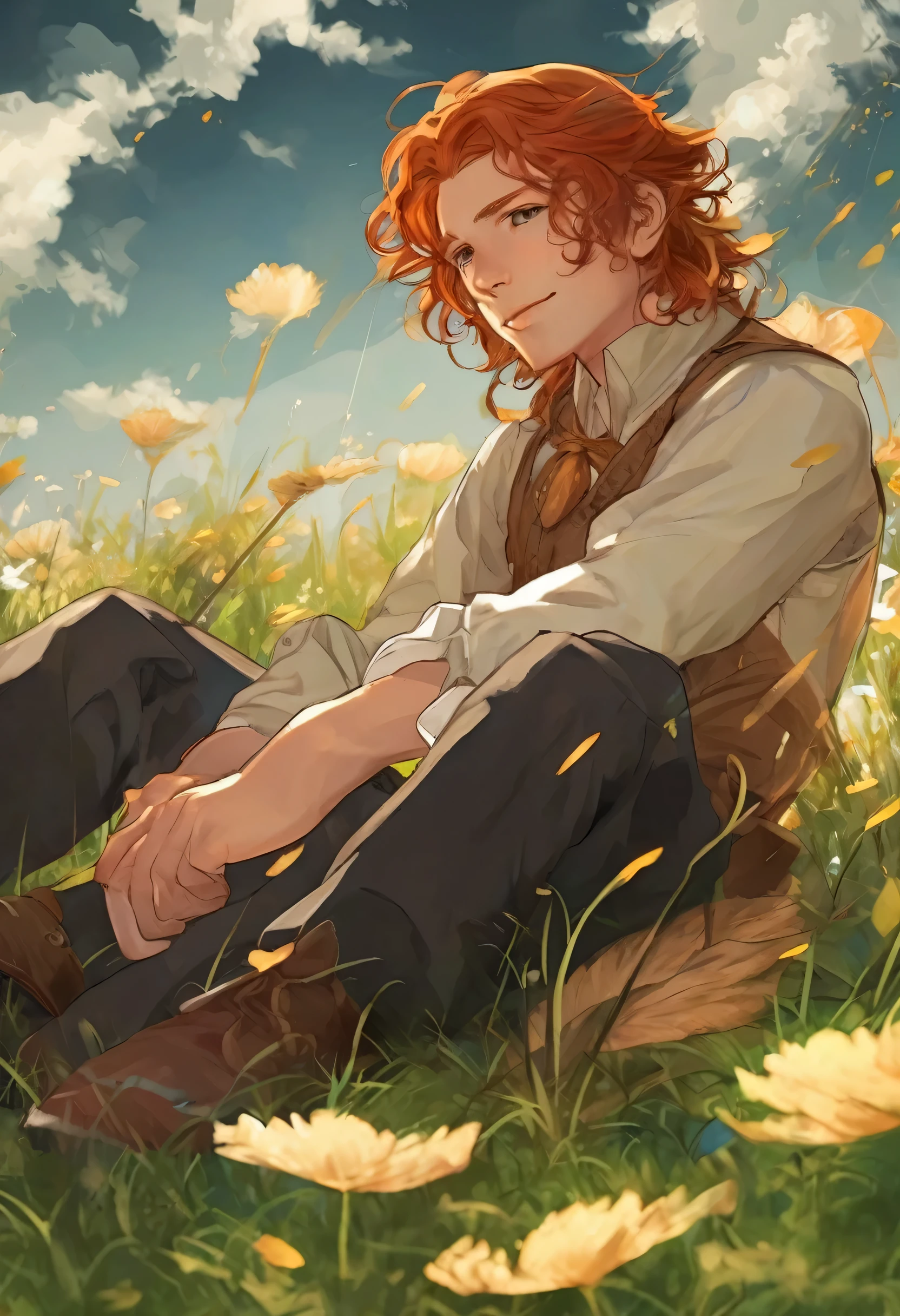 parte mestre,realista,melhor qualidade, ultra-detalhado, stunning illustration, mescla 2d com anime, um bardo jovem, poderia, is sleeping on the grass, um alaude do seu lado esquerdo, dynamic position, wide sight, Roupas de bardo, dramatic light effect, cabelos vermelhos curtos, olhos castanhos escuros, pele branca, similar appearance to Kvothe from The Name of the Wind, personagem masculino