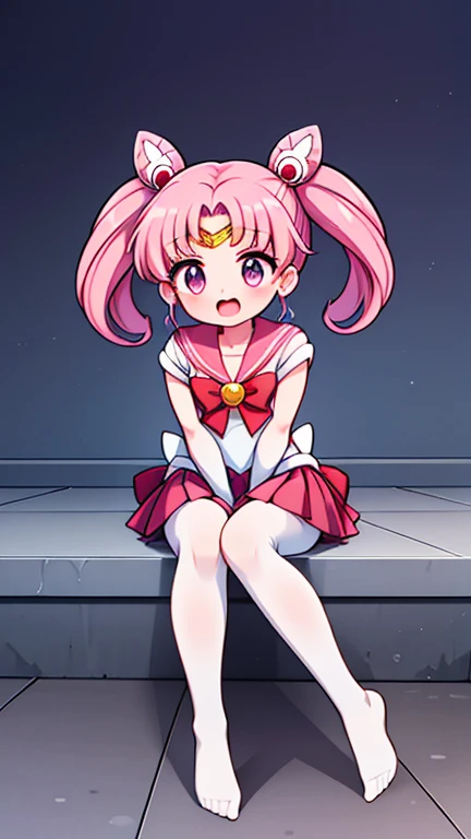 Sailor Moon,young年,Seven years old,cute,(Little Loli),Pink hair twintails,short hair,Sailor Suit,Red bow,White elbow gloves,Red Skirt,No shoes,Open your mouth,laughing out loud,Fangs,(White pantyhose),soles of feet,Soles,(young),(little man),sit