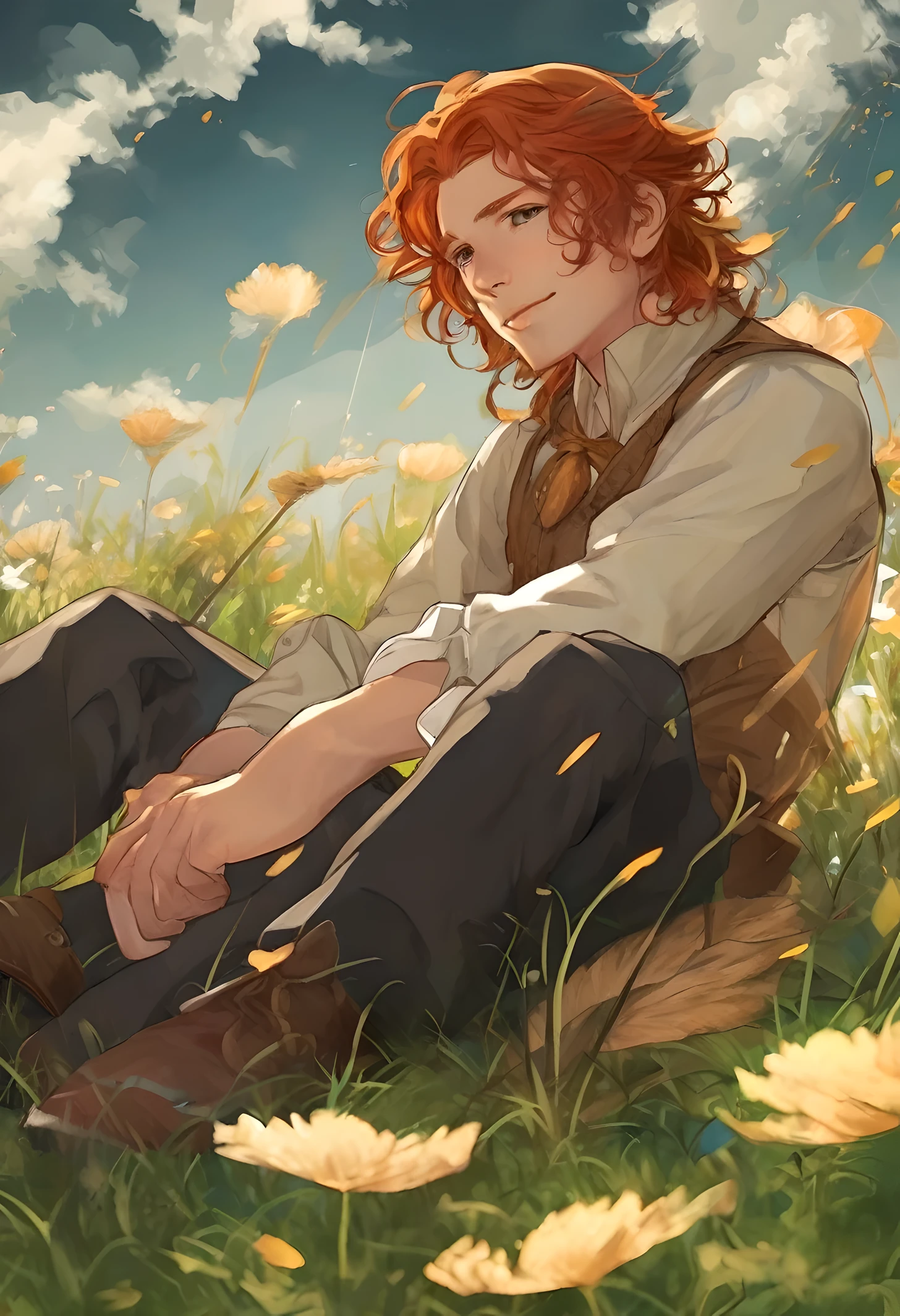 parte mestre,realista,melhor qualidade, ultra-detalhado, stunning illustration, mescla 2d com anime, um bardo jovem, poderia, is sleeping on the grass, um alaude do seu lado esquerdo, dynamic position, wide sight, Roupas de bardo, dramatic light effect, cabelos vermelhos curtos, olhos castanhos escuros, pele branca, similar appearance to Kvothe from The Name of the Wind, personagem masculino