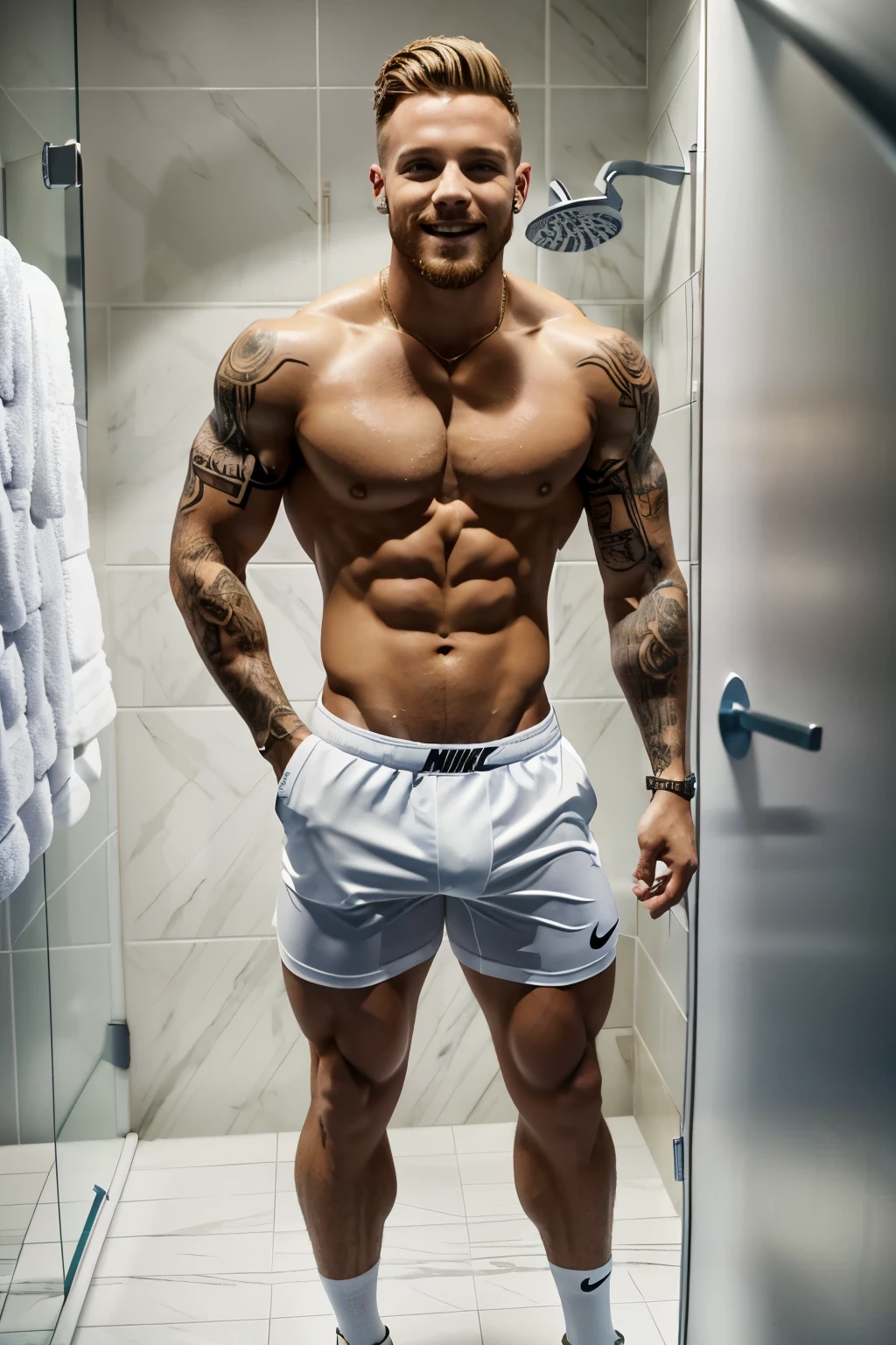 full body, full photo view, one over-musuclar young bodybuilder male singer Matt Pokora with blond haircut hair, shirtless showing off his over-inflated pecs and biceps, wearing white Nike lycra tight shorts and white sport socks, standing in a shower stall with the shower head flowing by hand, smiling