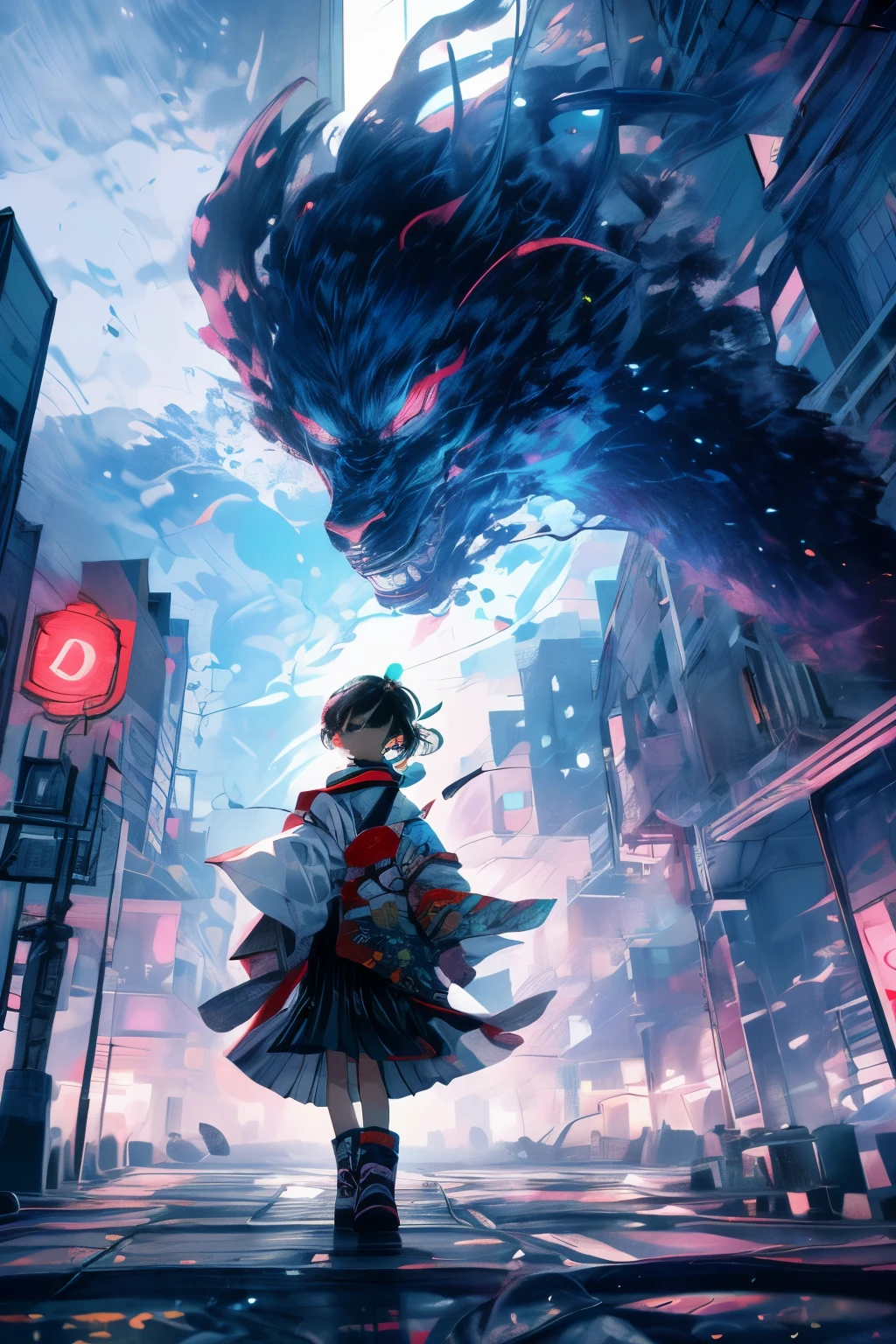 In the modern city,A girl and her shadow,The shadow is the devil in the girl's heart,Fisheye lens,lens with tension,The main body of the picture is a large urban background,Bright and fresh picture,A beautiful, abstract, huge city and a tiny, clean girl in it,An ordinary Japanese anime girl in a surreal background