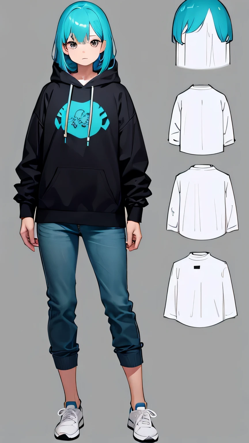 full body standing  model sheet turquoise hair and sweatshirt tacwear calm down 