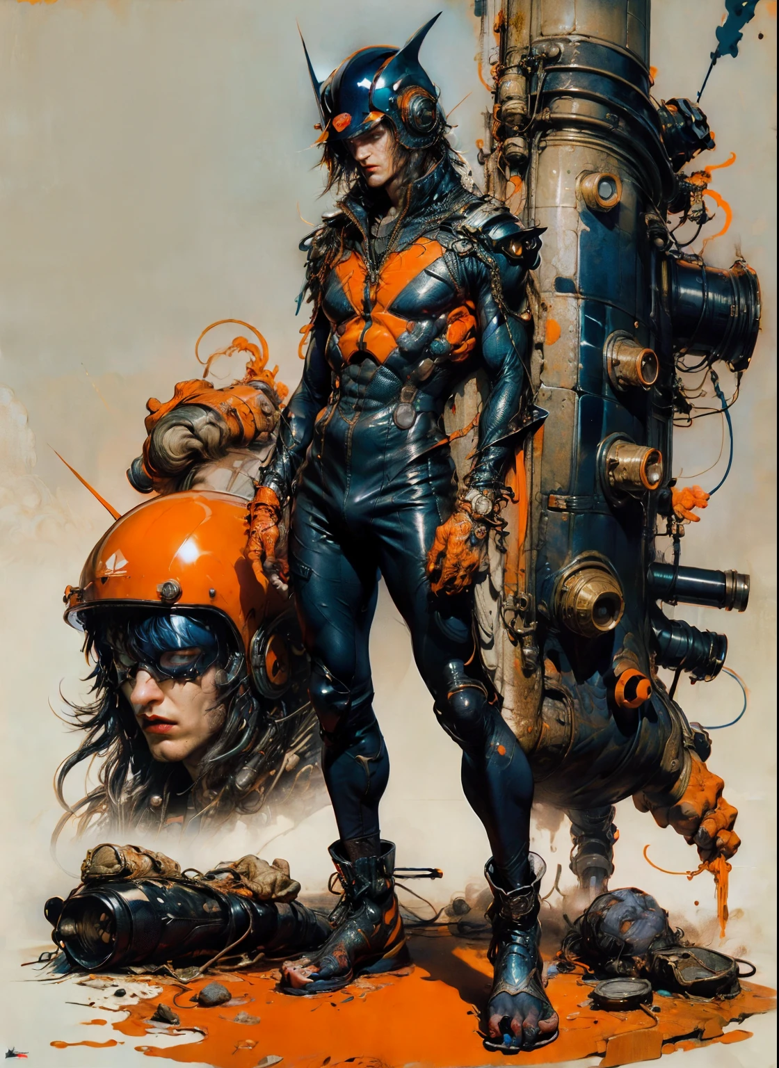 perfect proportions, anatomically correct, (head to toe: 2.0), (full body image: 2.0), solo, (Casshern: 1.6), extremely stylized, deviant art, masterpiece, highly detailed, detailed eyes, expressive detailed eyes, detailed pupils, futuristic, ((1950s scifi helmet)), ((pointy helmet)), Rubber Gloss, (orange skinsuit:1.4), white boots, entire body image, full body shot, nvinkpunk, professional photograph of alexander_skarsgard, tassles, large beads, large tassels, navy blue and white, cyberpunk, inkpunk, paint platter, ink splatter, (action pose:1.0)