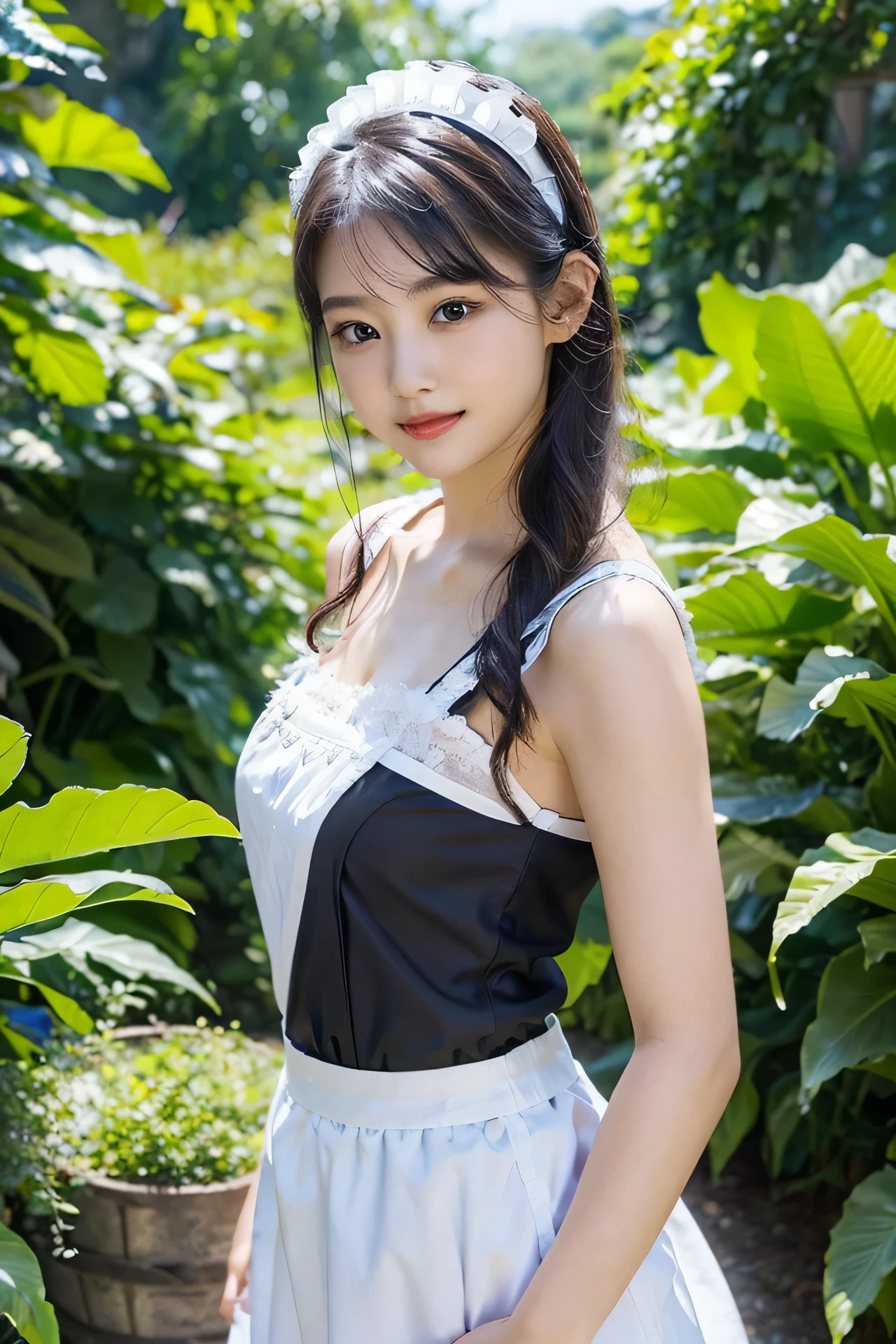 1girl, 18 year old, solo, gravure idol,  slender body, (black hair:1.2), closed mouth, (smiling:0.8), (sexy pose:1.2), (beautiful detailed eyes, shiny eyes, long eyelashes, double eyelid), (natural hand), (natural eyes and mouth), (finely detailed beautiful eyes:1.2),
gravure, maid headdress, maid apron, white thighhighs, hair ornament, hairclip, white apron, ((black) maid dress, ((white) skirt), garter straps, hair ribbon, short sleeves, alternate costume,
looking at viewer, (upper body:1.4), (front view),
photo, photo realistic, (photorealistic:1.4), best quality, high quality, 4K, RAW, masterpiece, beautiful face,
