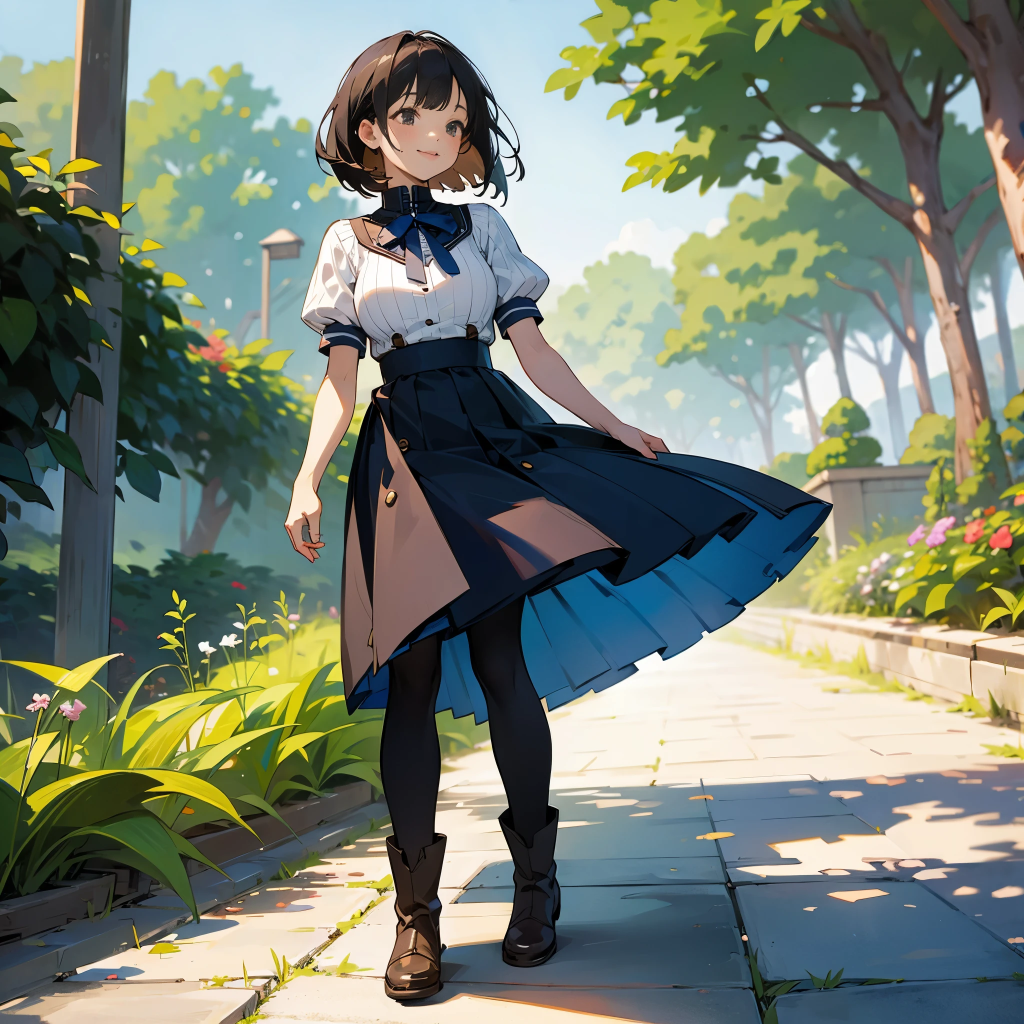 (high quality, High resolution, Very detailed, reality:1.37), Peaceful atmosphere, (Outdoor, garden), teenage girl standing alone, (my breasts are big.), Beautiful detail features, Cute Smile, (Black bob hair), Short sleeve ribbed sweater, Blue Skirt, black tights, Brown boots.