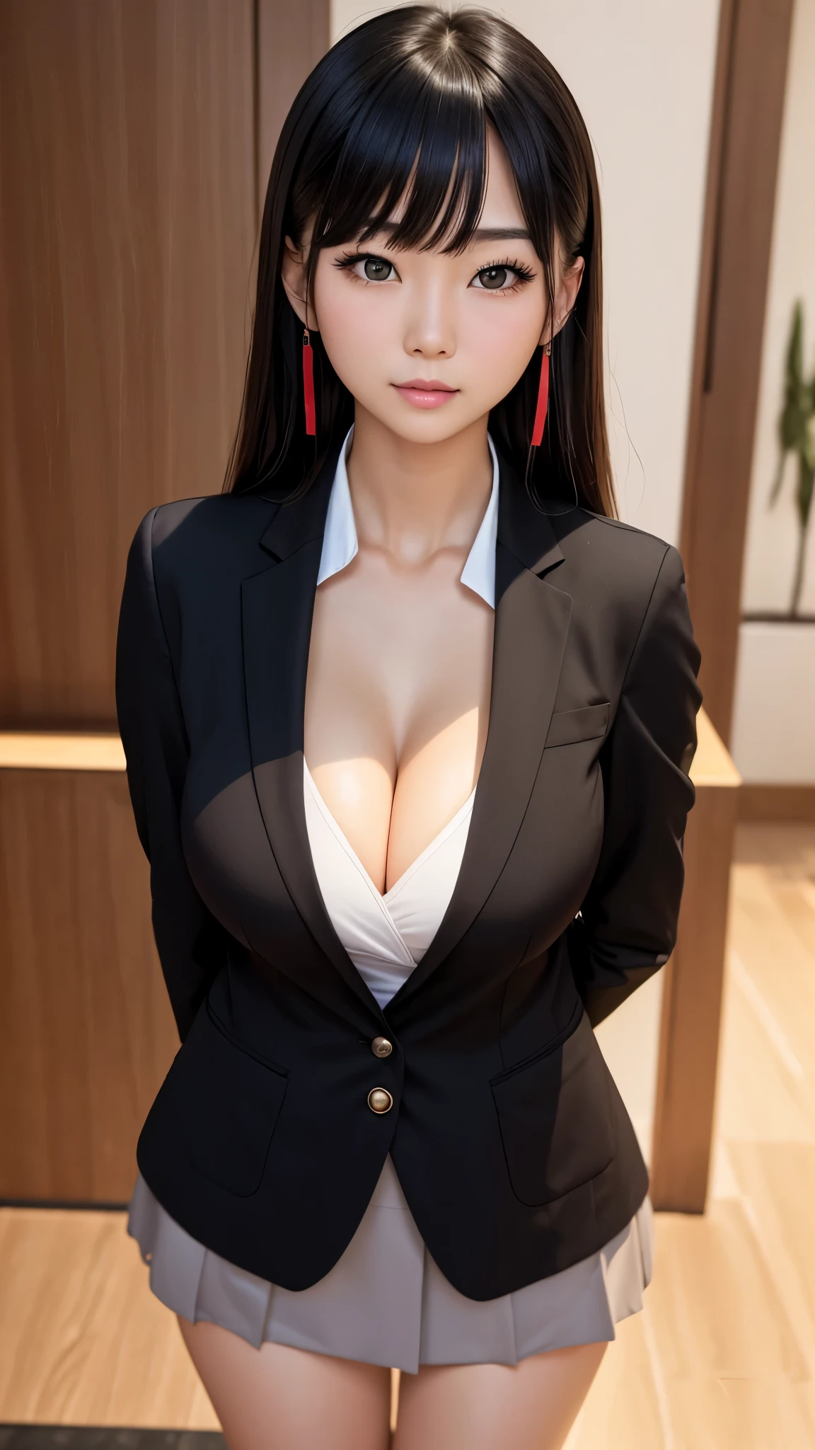 ((Detailed face)), ((highlight)), (Beautiful shin), (Asian), gravure、young woman、breast enhancement、bangs、black髪、blazer、skirt、black、red、white、