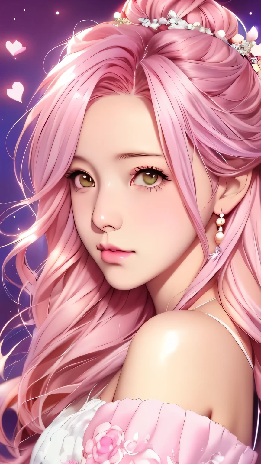 Anime girl with pink hair and a bouquet in her hair, Cute realistic portrait, Gweitz, Magical Girl Portrait, Cute Characters, Cute art style, Anime Moe Art Style, MapleStory character art, Cute Portrait, Cute anime girl portrait, small character portrait, artwork in the style of Gweitz, Splash Art Anime 