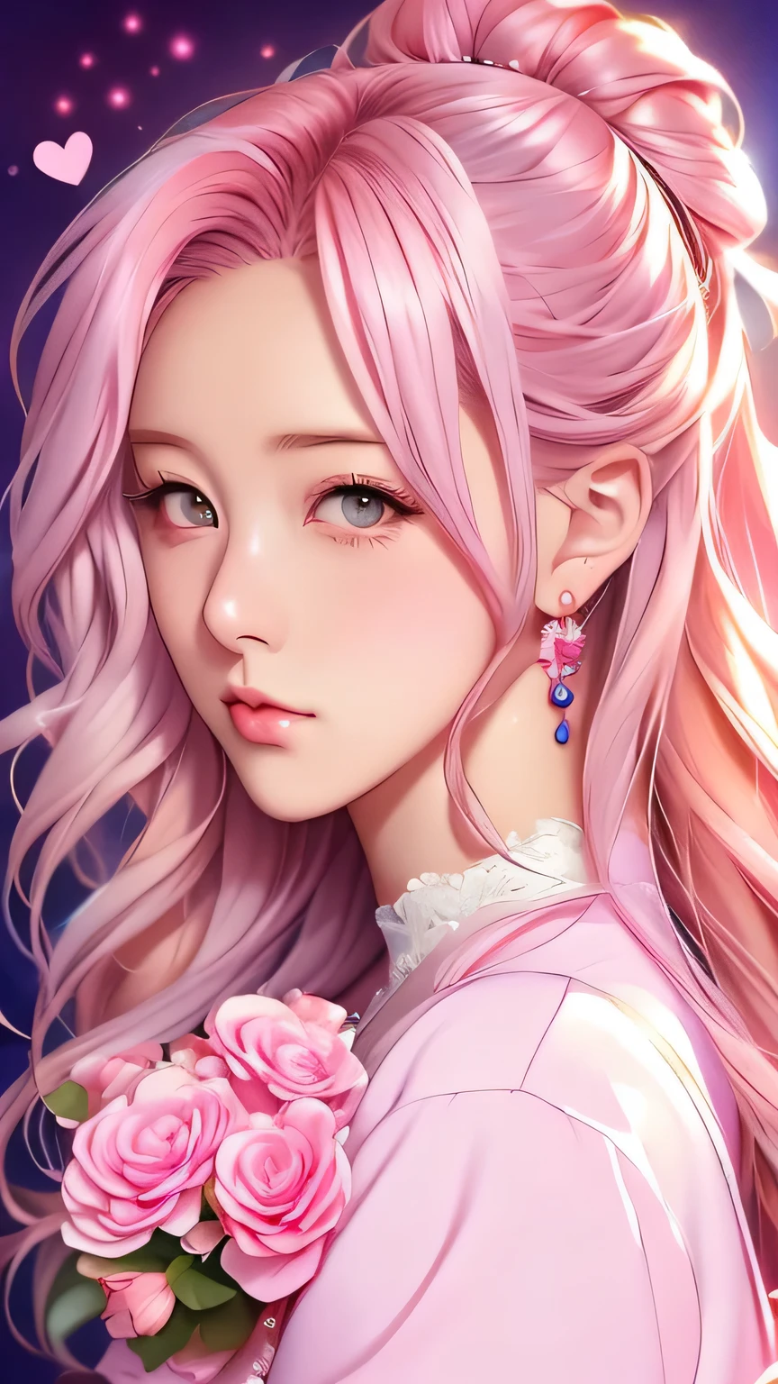 Anime girl with pink hair and a bouquet in her hair, Cute realistic portrait, Gweitz, Magical Girl Portrait, Cute Characters, Cute art style, Anime Moe Art Style, MapleStory character art, Cute Portrait, Cute anime girl portrait, small character portrait, artwork in the style of Gweitz, Splash Art Anime
